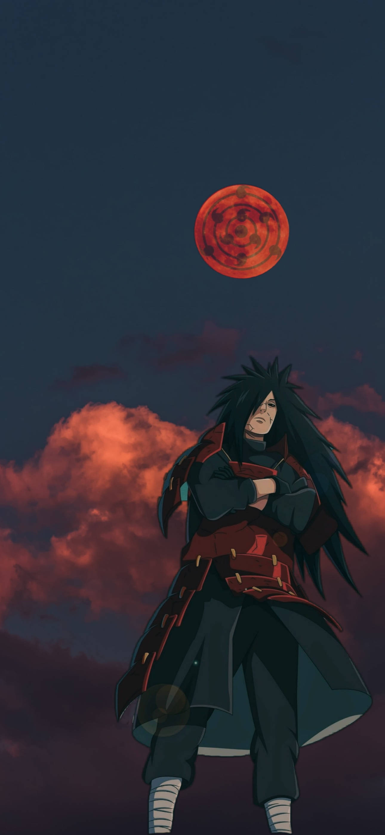 Madara Uchiha, long black hair, glowing red moon, 2K Phone Wallpaper