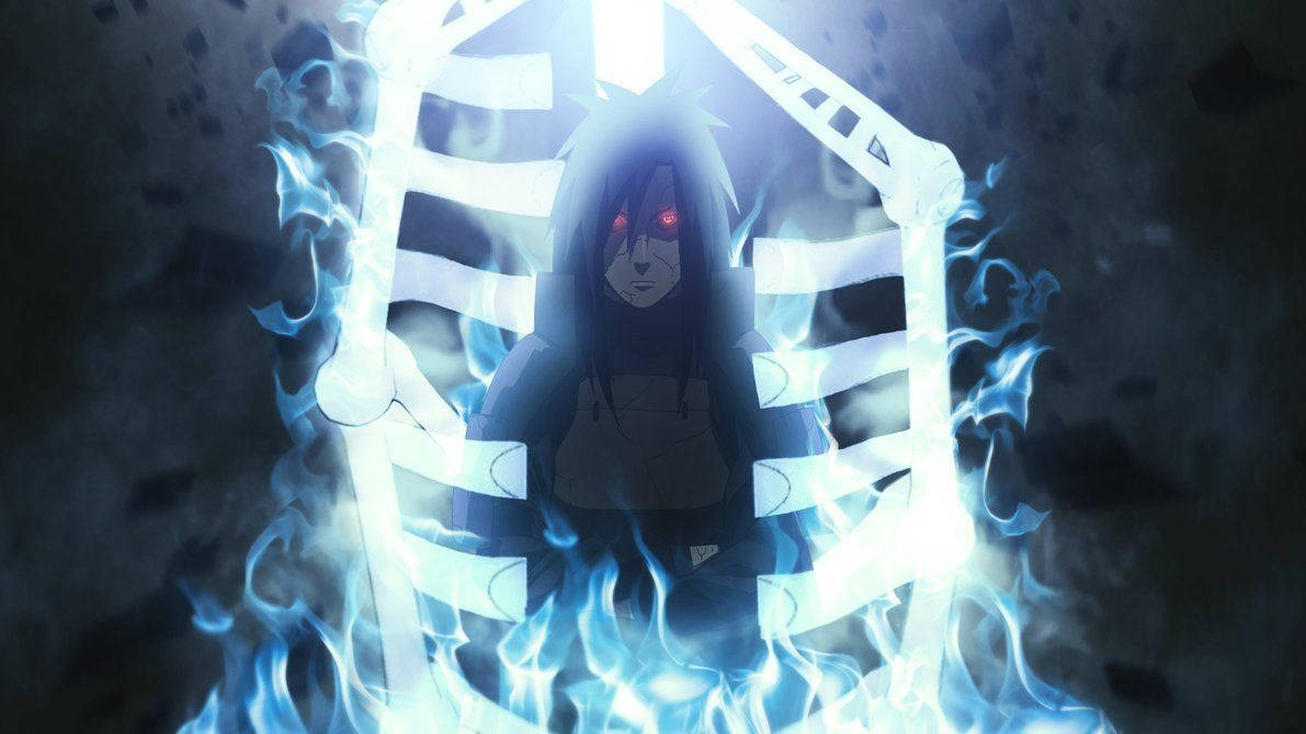 Madara Uchiha, red eyes, glowing blue flames, SD Desktop Wallpaper