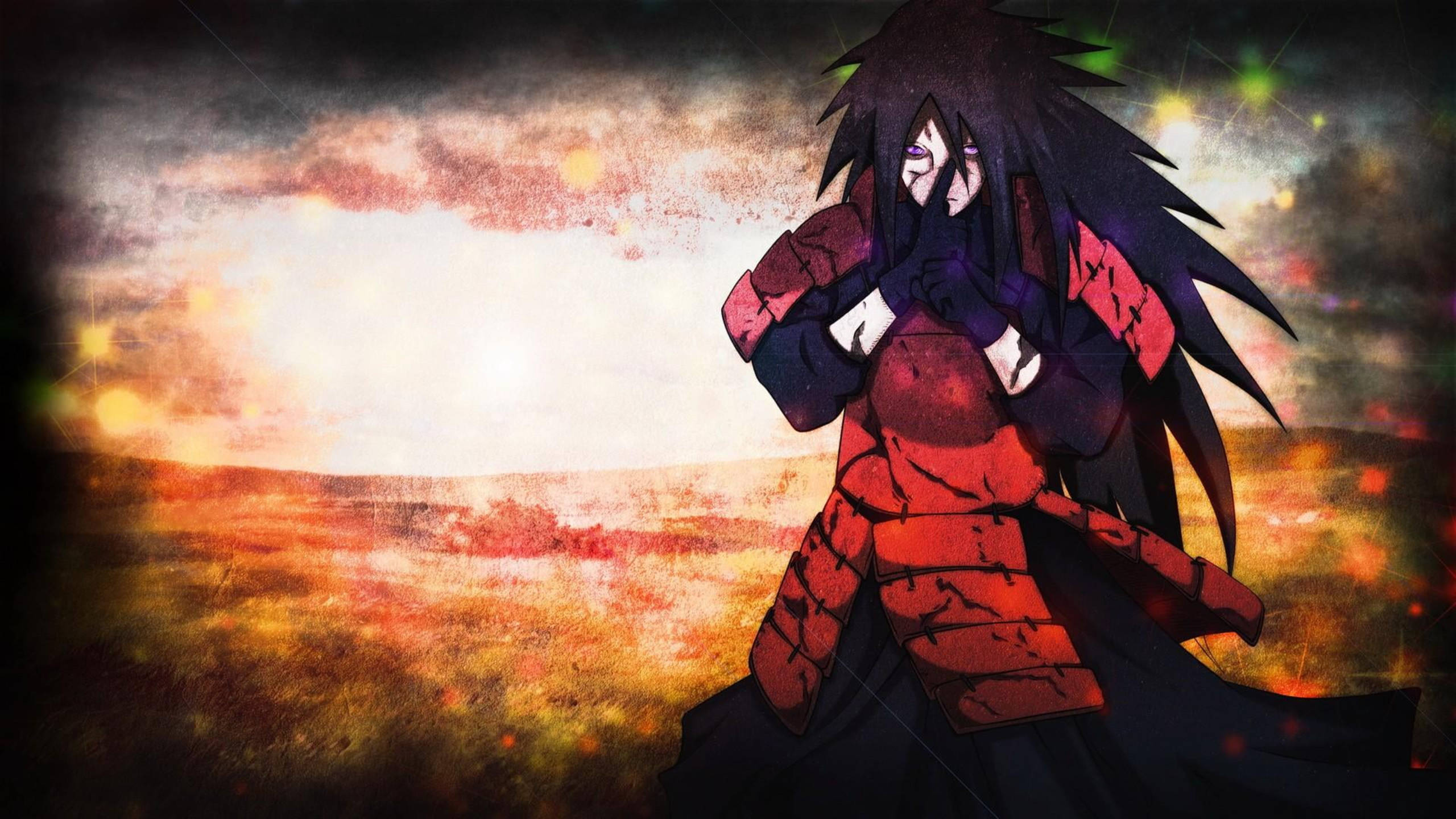 Madara, red and black armor, fiery sunset sky, 2K Desktop Wallpaper