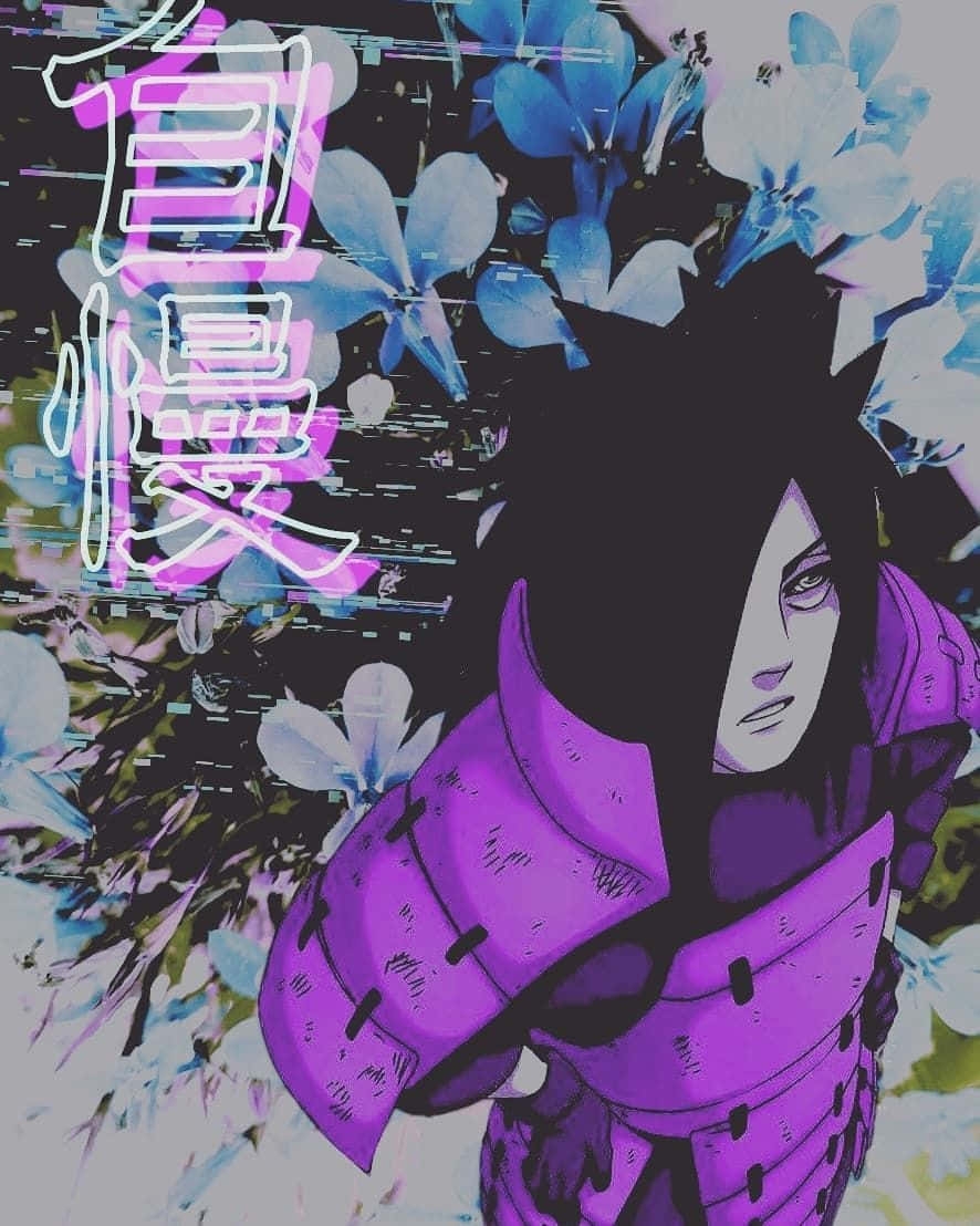 Madara, purple armor, glitching blue flowers, SD Phone Wallpaper