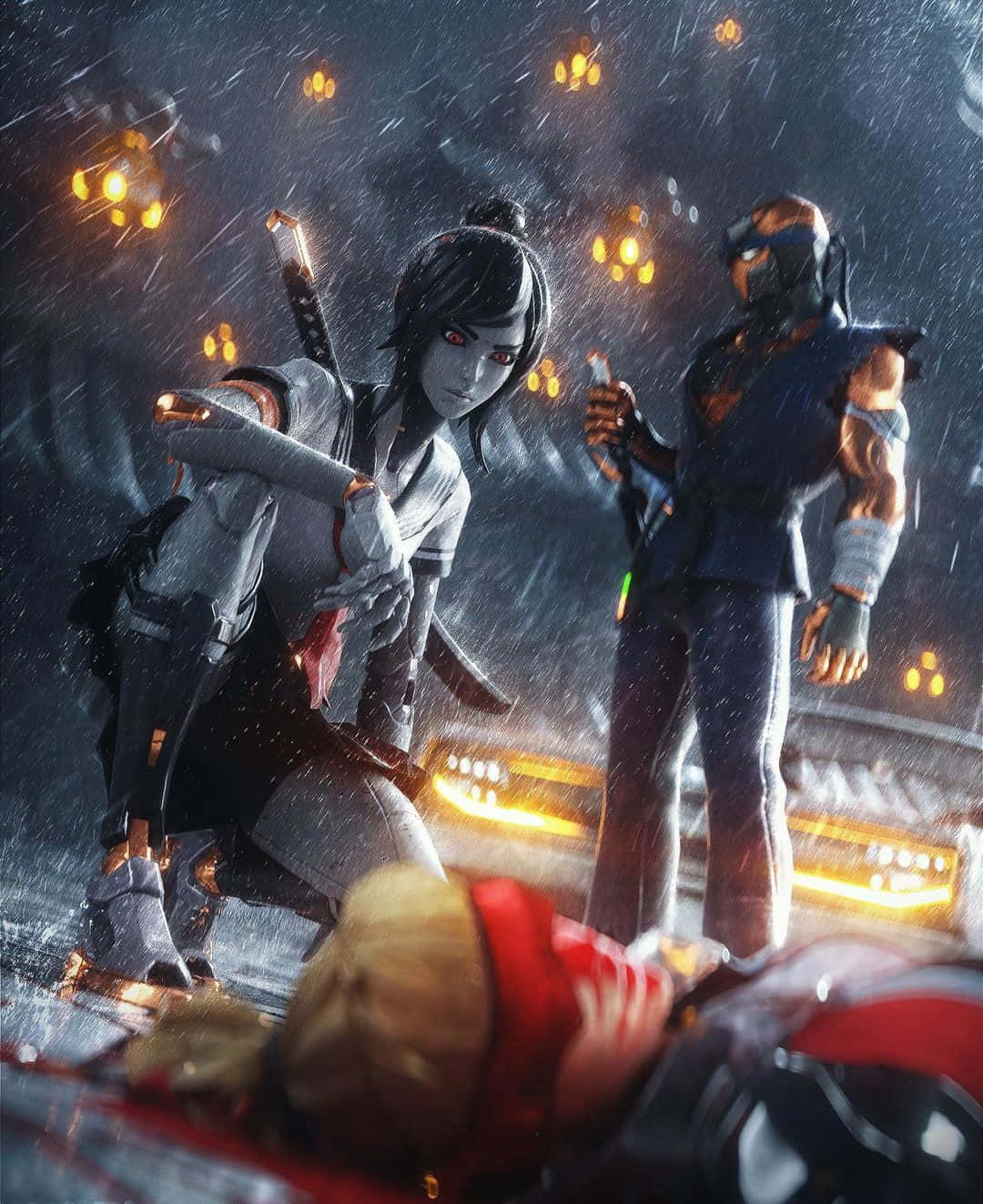Madcap, anime-style warriors, rain-soaked urban alley, HD Phone Wallpaper