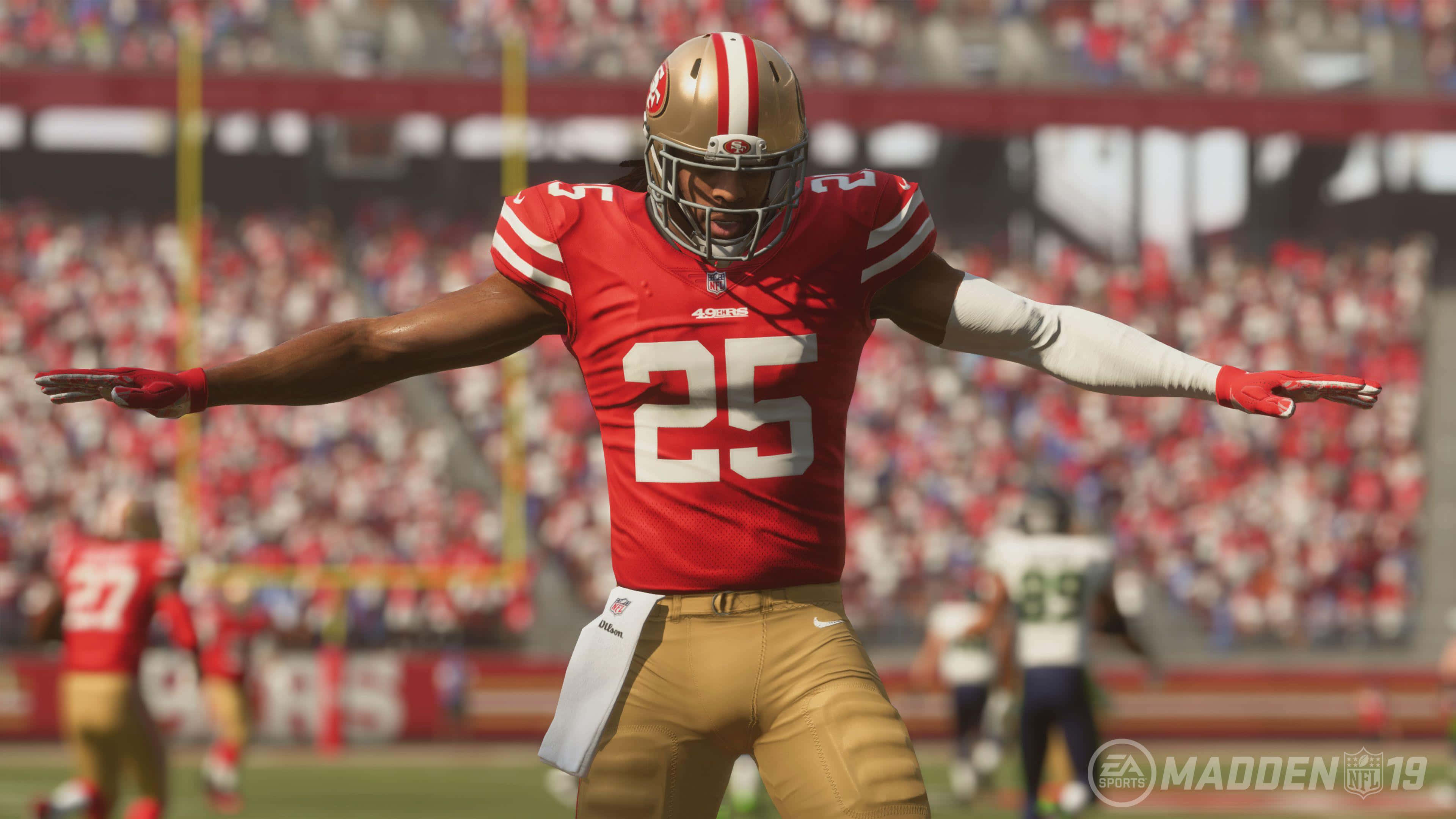 Madden NFL 22, red and gold uniform, sunlit stadium field, 4K Desktop Wallpaper