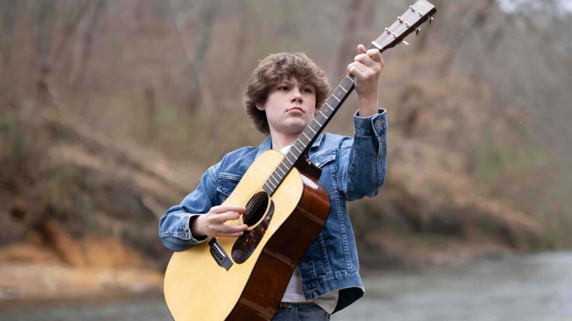 Maddox Batson, acoustic guitar, denim jacket, Full HD Desktop Wallpaper
