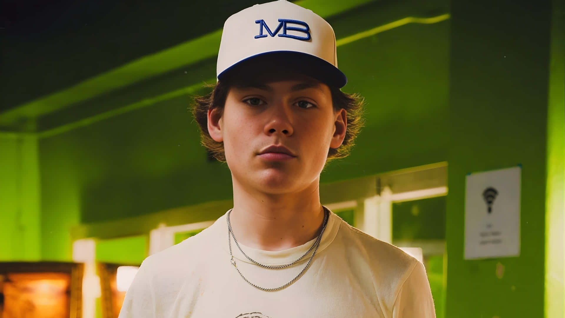 Maddox Batson, white cap, blue MB logo, Full HD Desktop Wallpaper