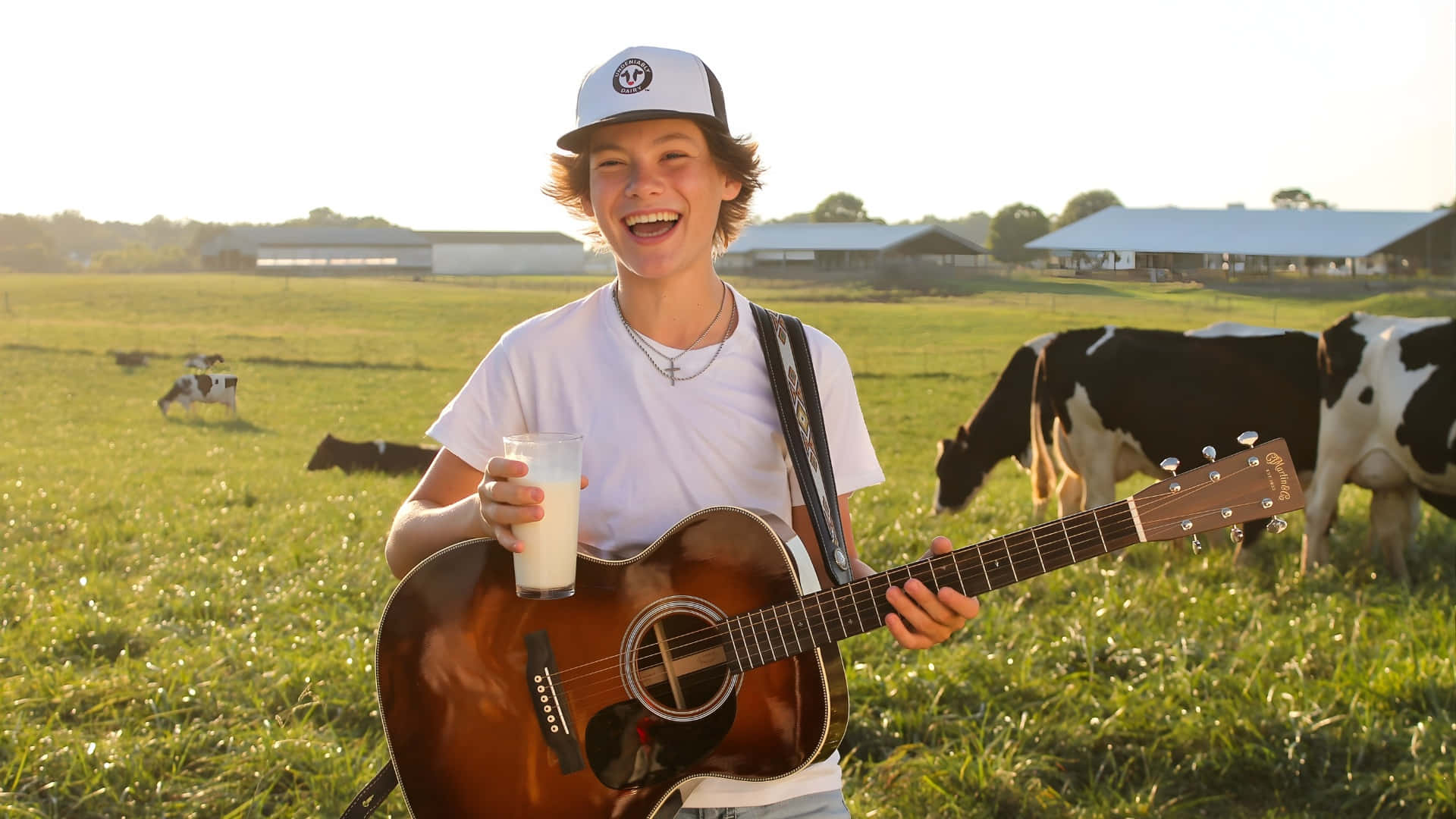Maddox Batson, acoustic guitar, sunlit grassy field, Full HD Desktop Wallpaper