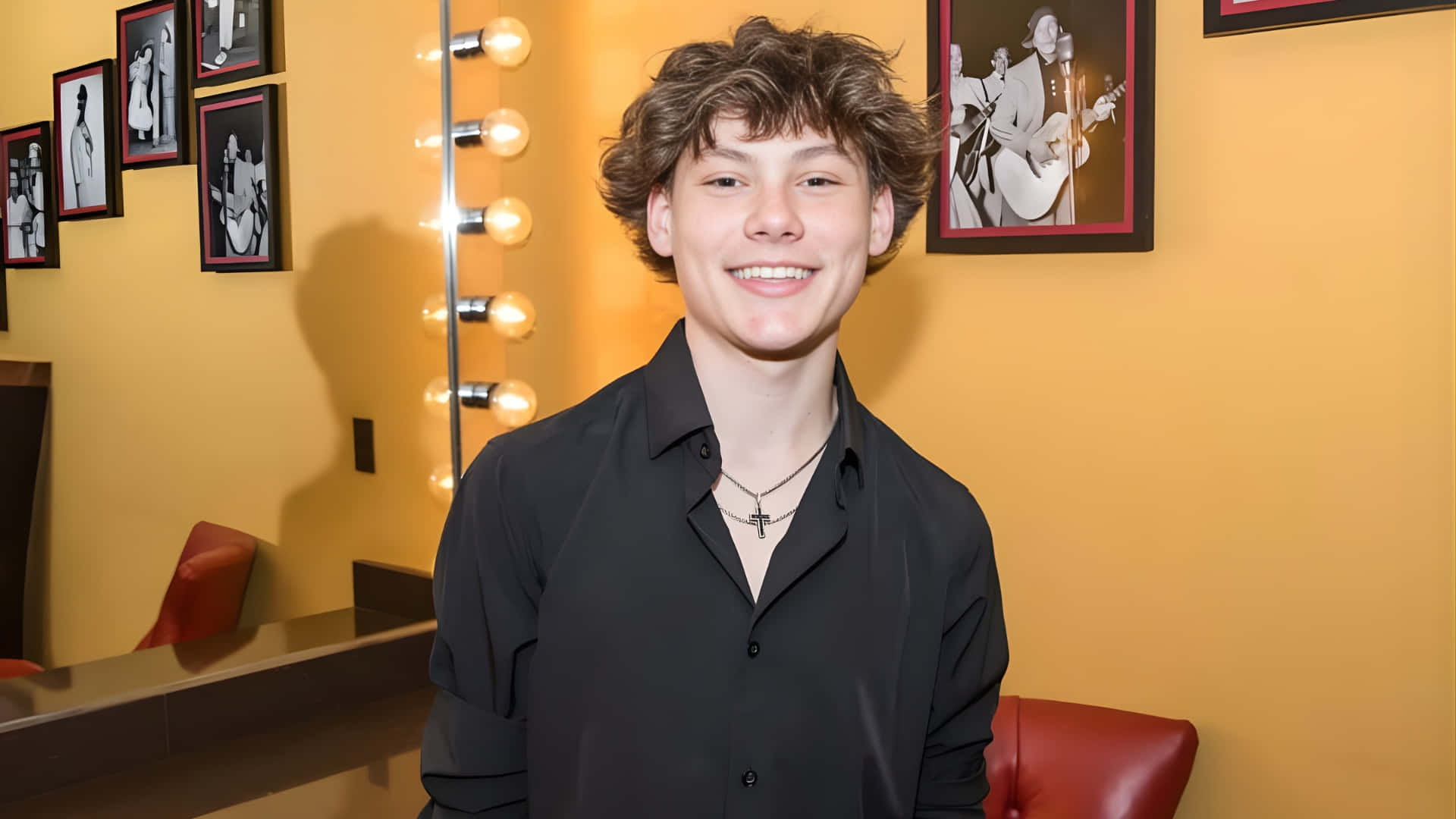 Maddox Batson, curly hair, black button-up shirt, Full HD Desktop Wallpaper