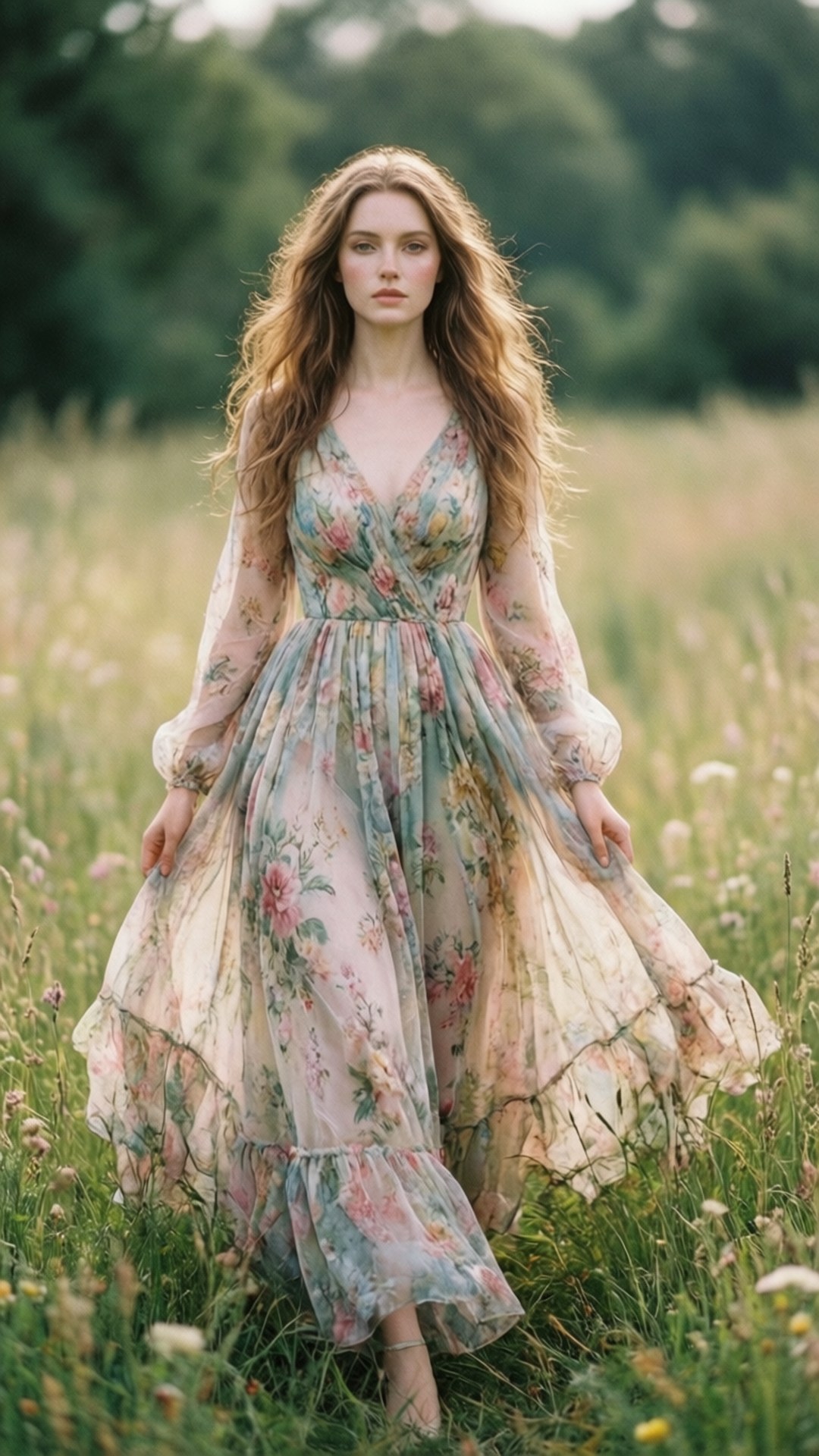 Madeleine Arthur, floral dress, field, Full HD Phone Wallpaper