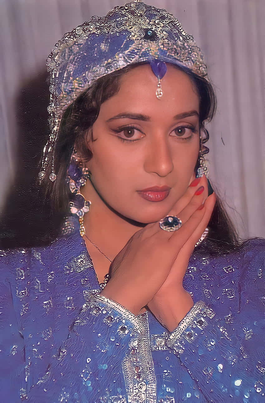 Madhuri Dixit, ornate blue traditional attire, silver embroidery, HD Phone Wallpaper
