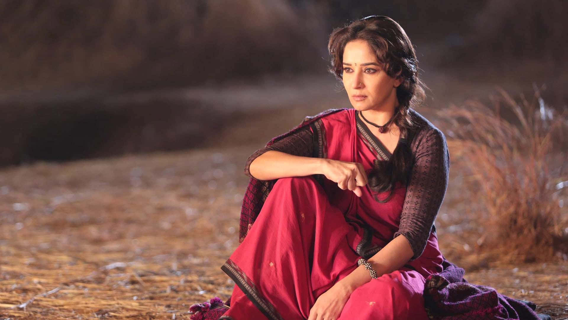 Madhuri Dixit, red saree, dry field, Full HD Desktop Wallpaper