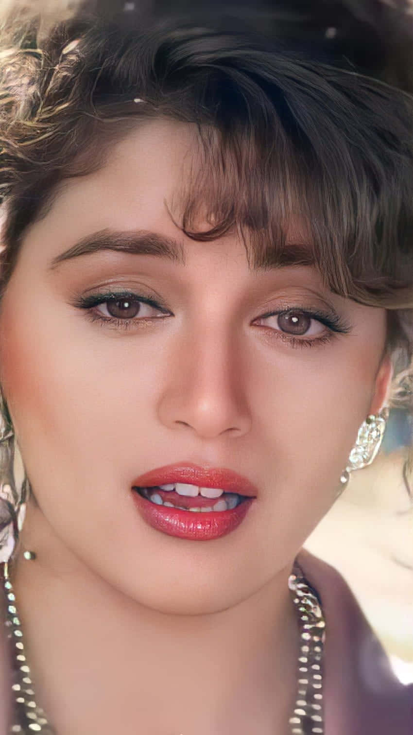 Madhuri Dixit, dark curly hair, bold red lips, HD Phone Wallpaper
