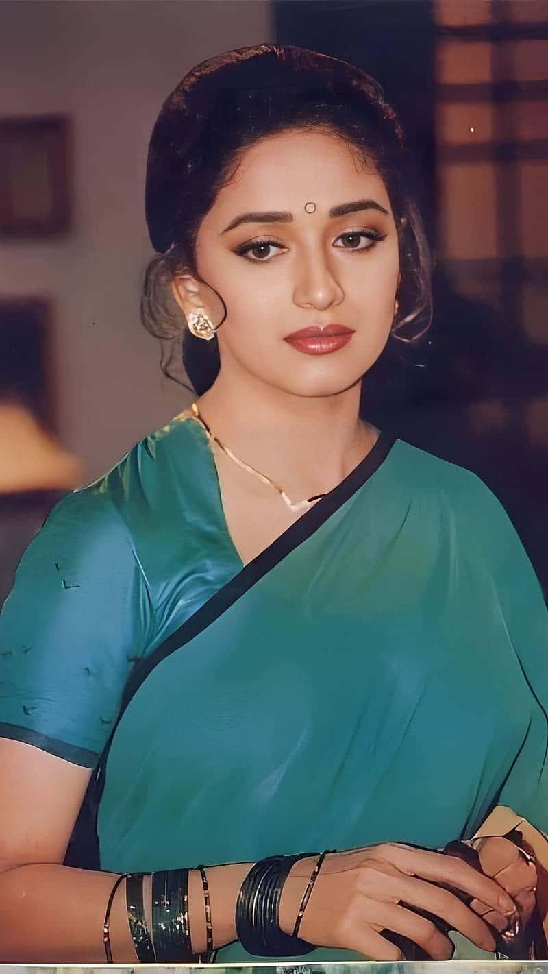 Madhuri Dixit, teal sari, black trim, HD Phone Wallpaper