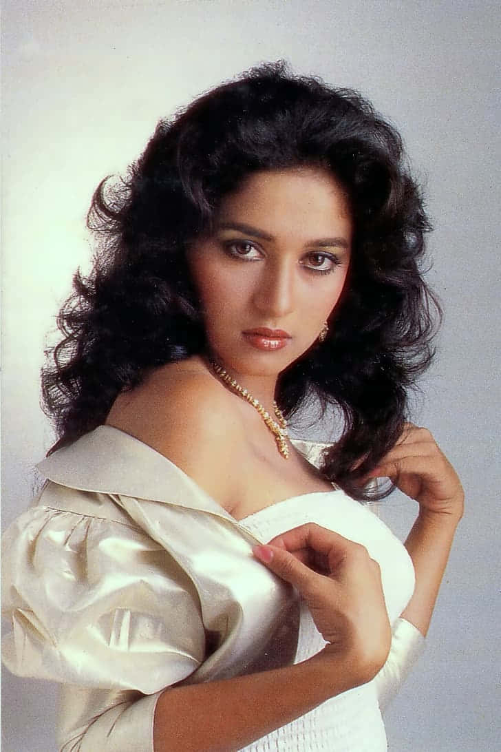 Madhuri Dixit, voluminous dark curls, satin off-shoulder white dress, SD Phone Wallpaper