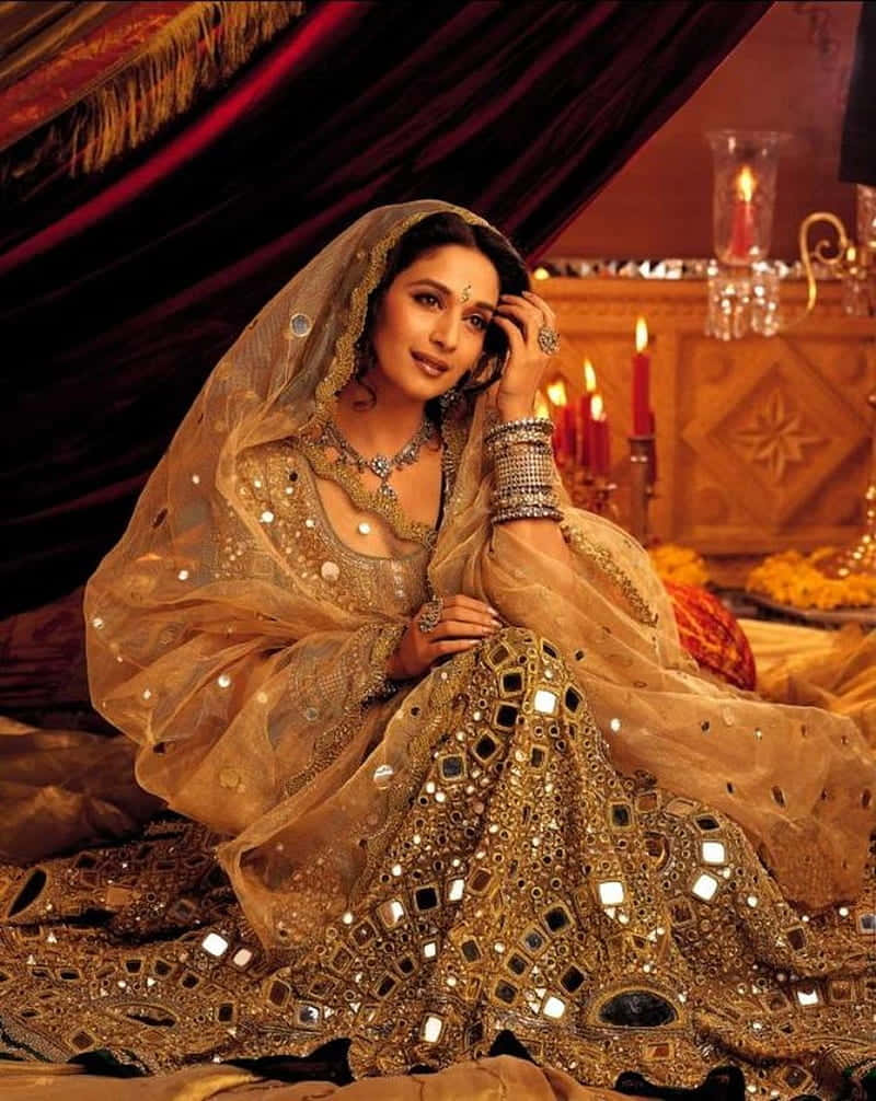 shimmering gold embroidered lehenga, mirror work, draped red velvet curtains, SD Phone Wallpaper