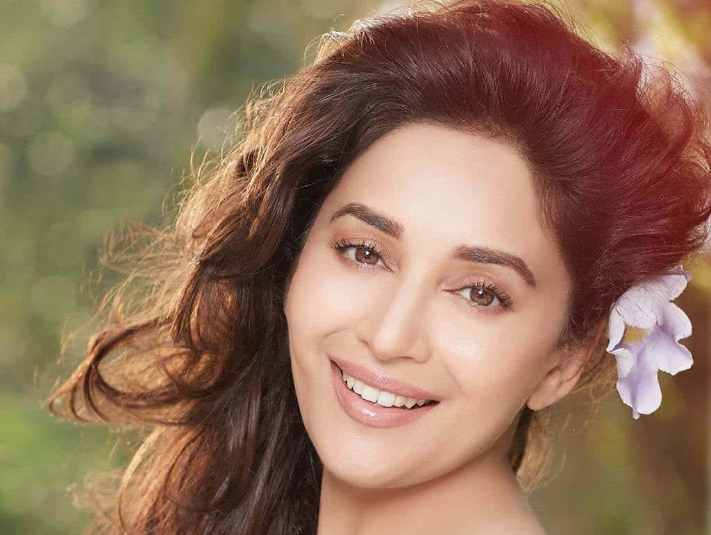 Madhuri Dixit, voluminous brown hair, purple flower in her ear, SD Desktop Wallpaper