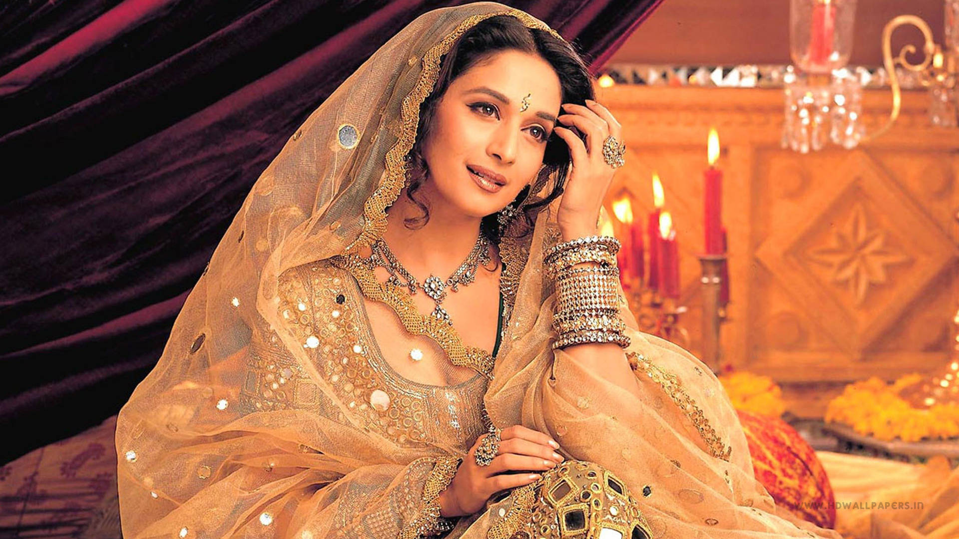 Madhuri Dixit, ornate golden traditional attire, sheer veil, Full HD Desktop Wallpaper