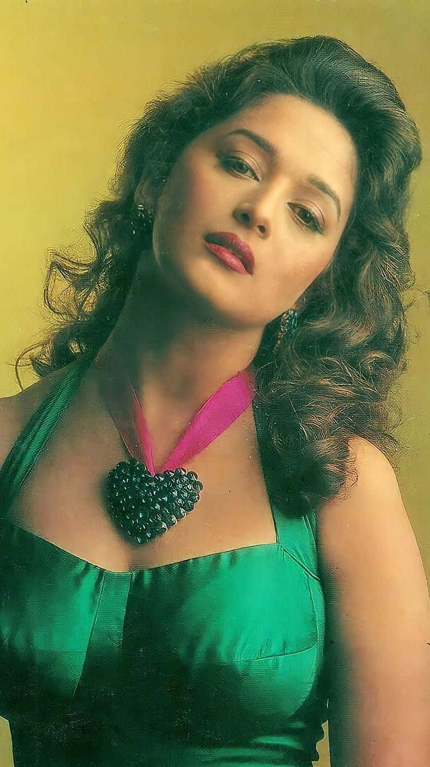 Madhuri Dixit, voluminous dark curls, shiny green dress, HD Phone Wallpaper