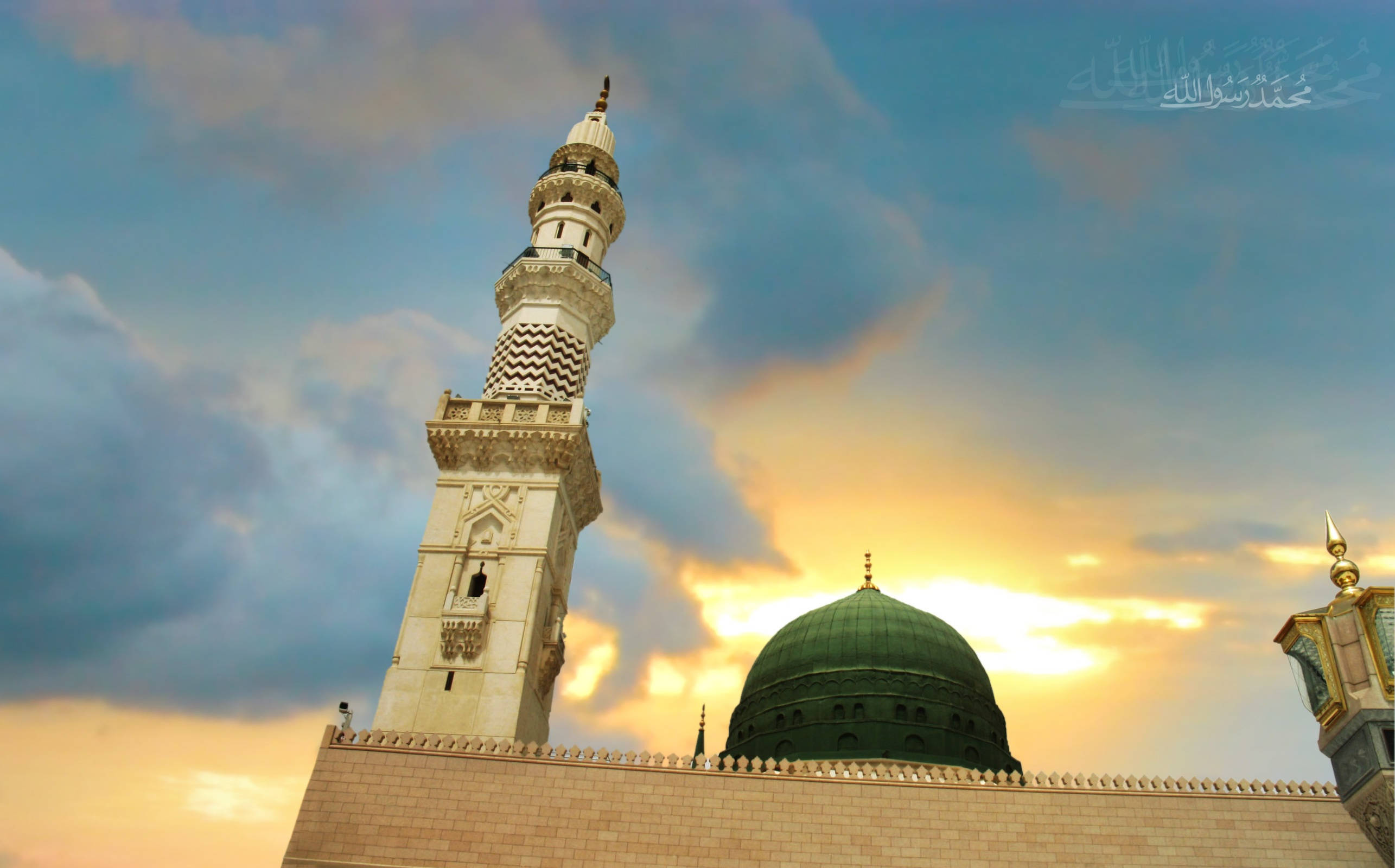 Madina Sharif, green dome, ornate white minaret, 2K Desktop Wallpaper