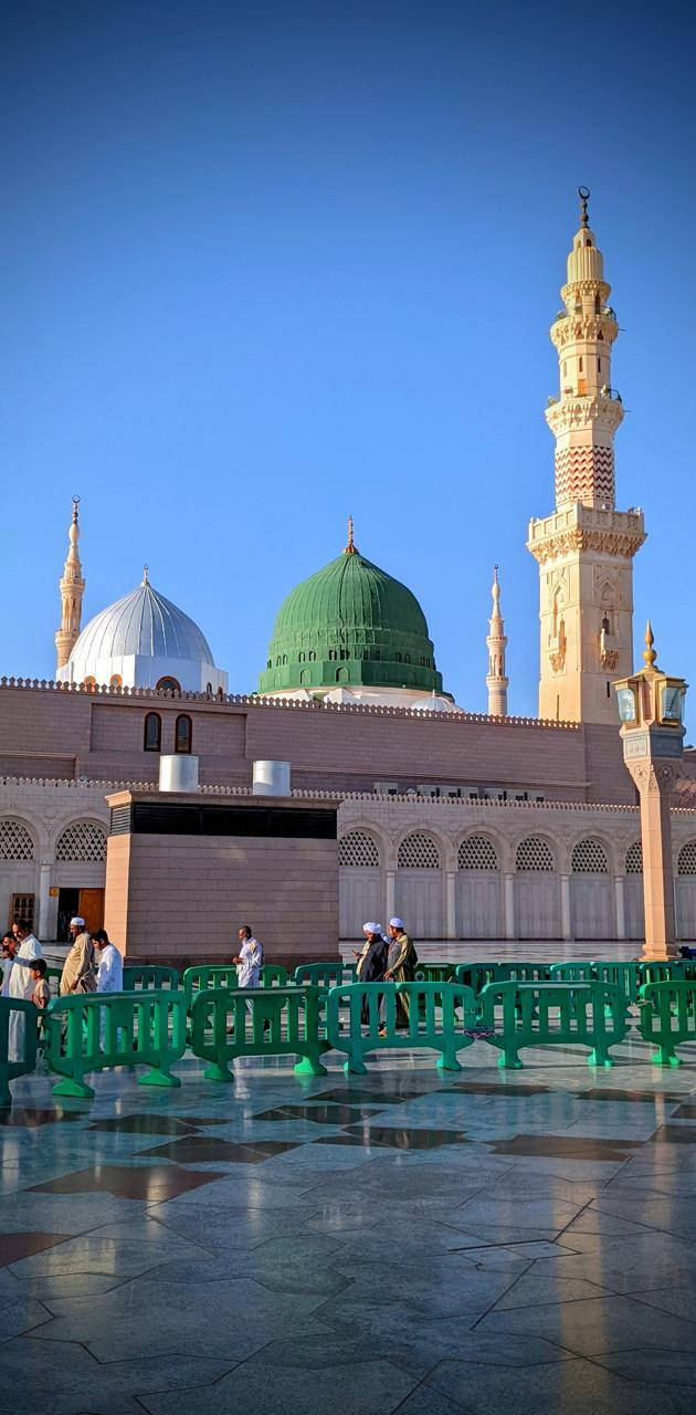 Madina Sharif, green and white domes, tall minarets, HD Phone Wallpaper