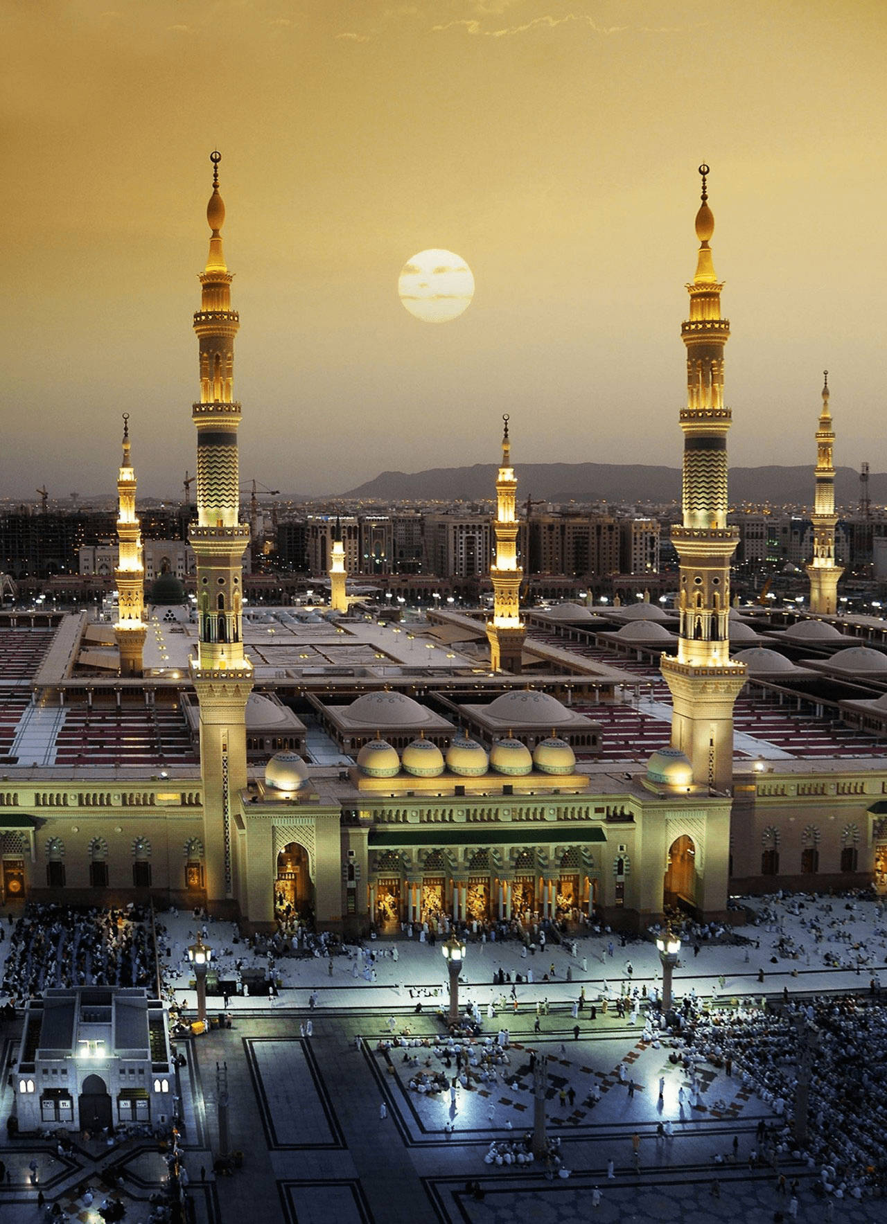 Madina Sharif, golden sunset sky, full moon, HD Phone Wallpaper