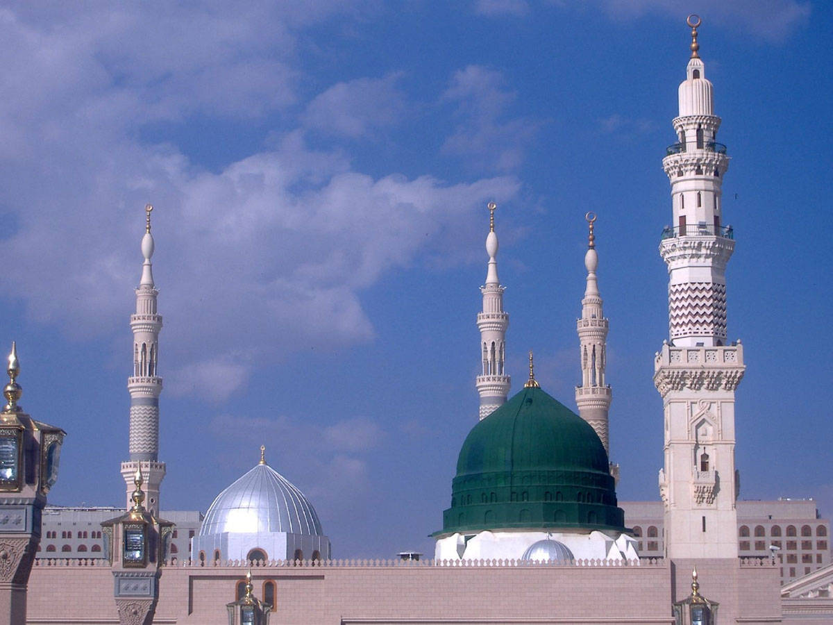 Madina Sharif, green domes, silver domes, SD Desktop Wallpaper