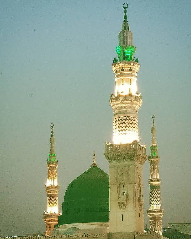 Madina, green dome, illuminated, SD Phone Wallpaper