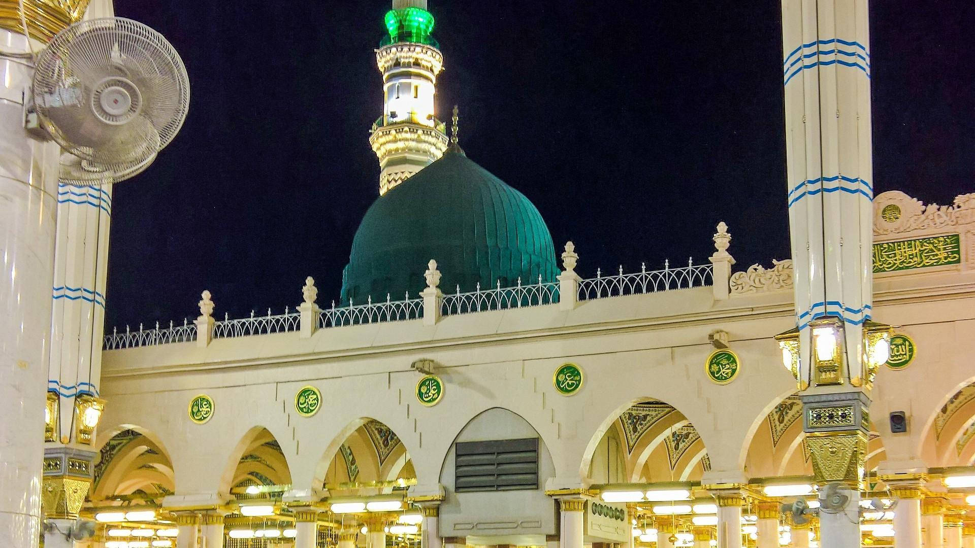 Madina, green dome, white minarets, Full HD Desktop Wallpaper