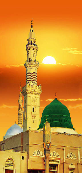 Madina, green dome, orange sky, SD Phone Wallpaper