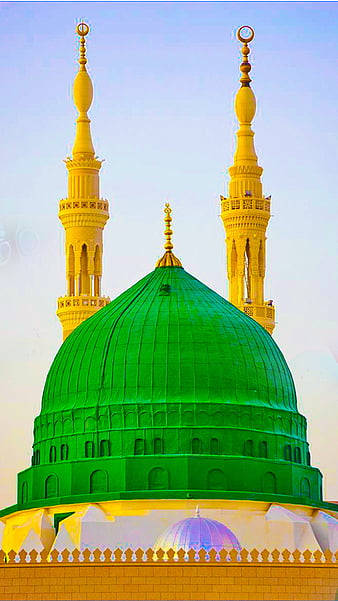 Madina, green dome, golden minarets, SD Phone Wallpaper