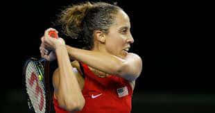 Madison Keys, red USA jersey, tennis racket, SD Desktop Wallpaper