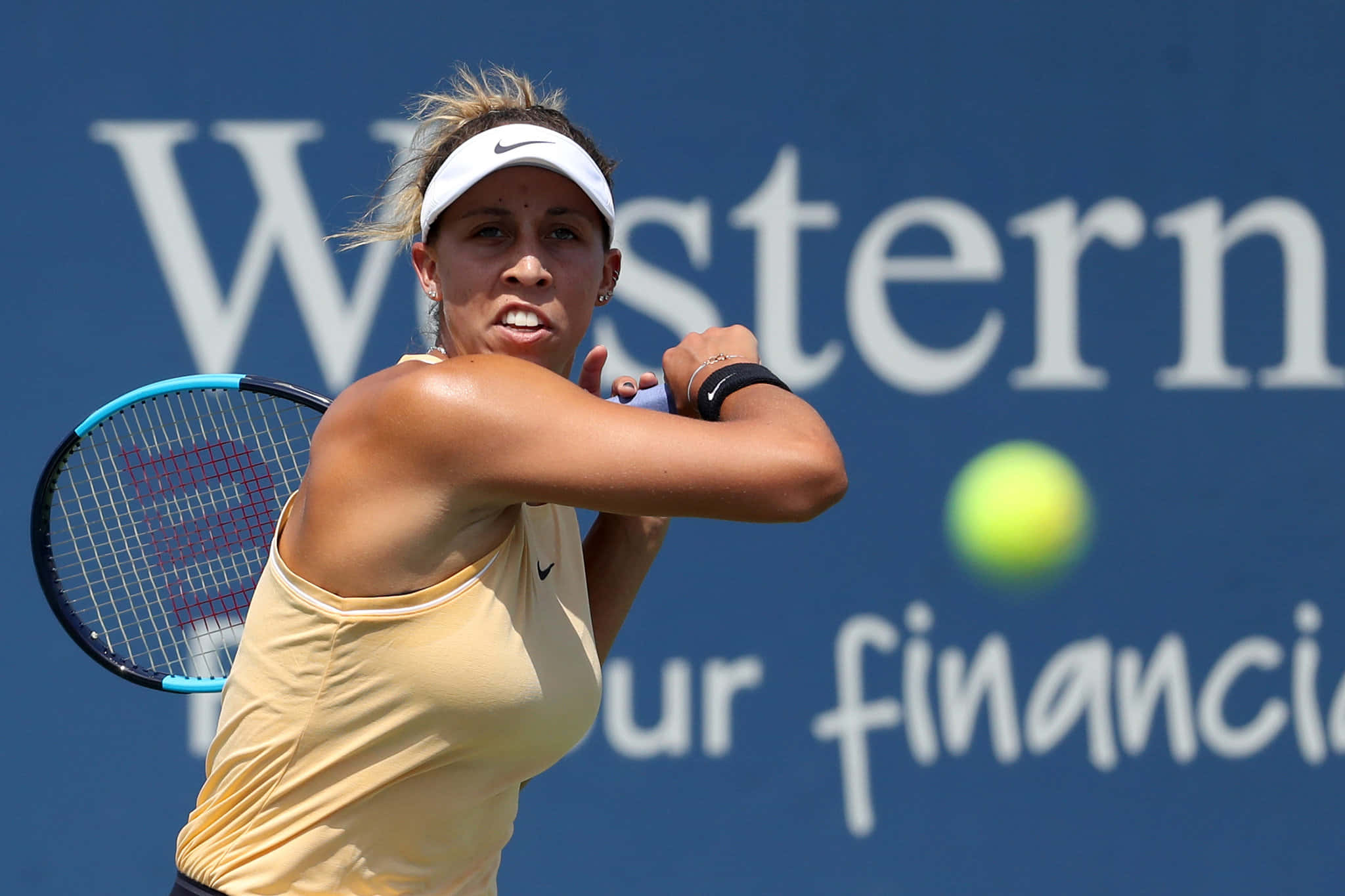 Madison Keys, backhand stroke, yellow top, Full HD Desktop Wallpaper
