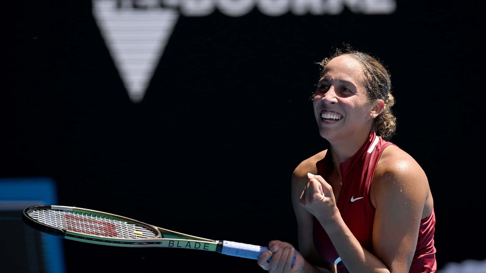 Madison Keys, red outfit, racket, HD Desktop Wallpaper