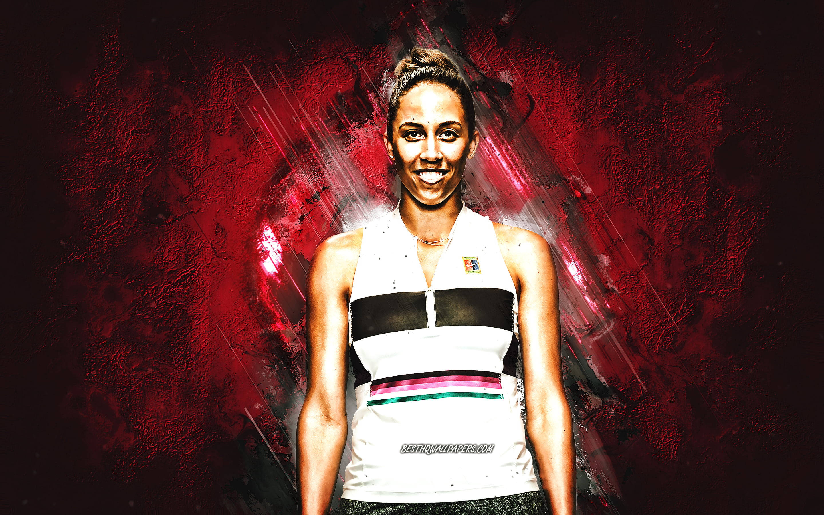 Madison Keys, white and black striped top, vibrant red abstract background, 2K Desktop Wallpaper