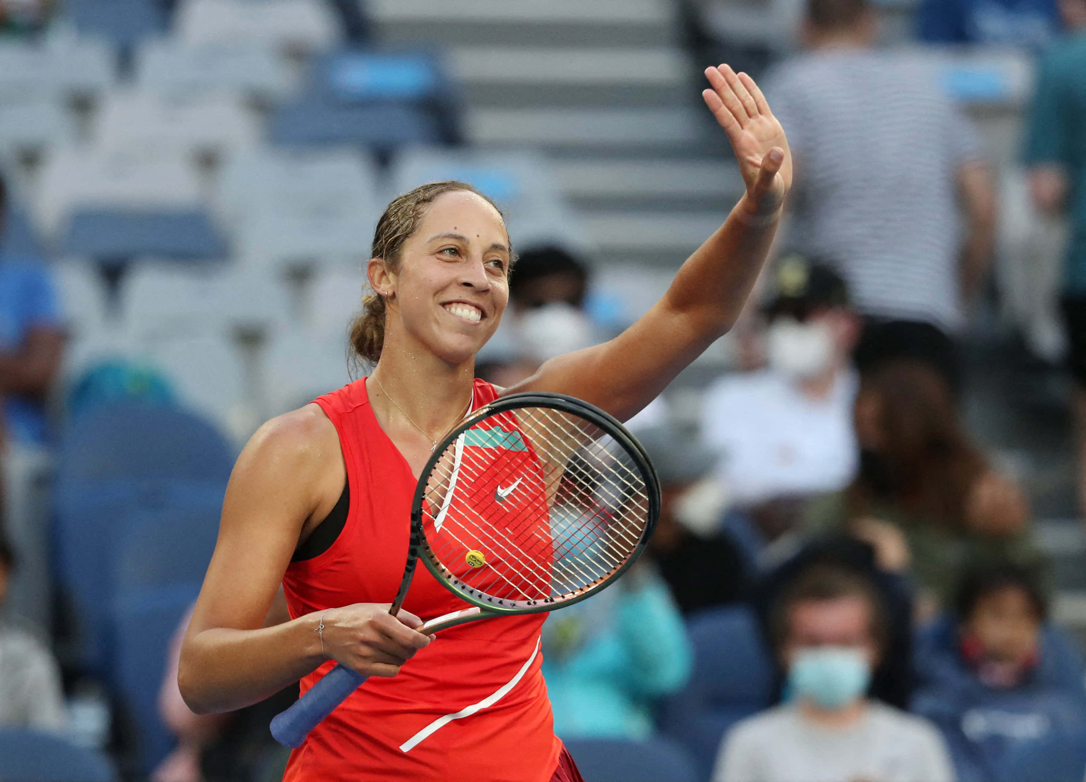 Madison Keys, red outfit, racket, 2K Desktop Wallpaper