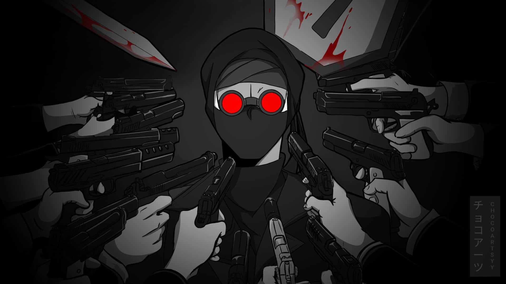 Madness Combat, masked figure, glowing red eyes, Full HD Desktop Wallpaper