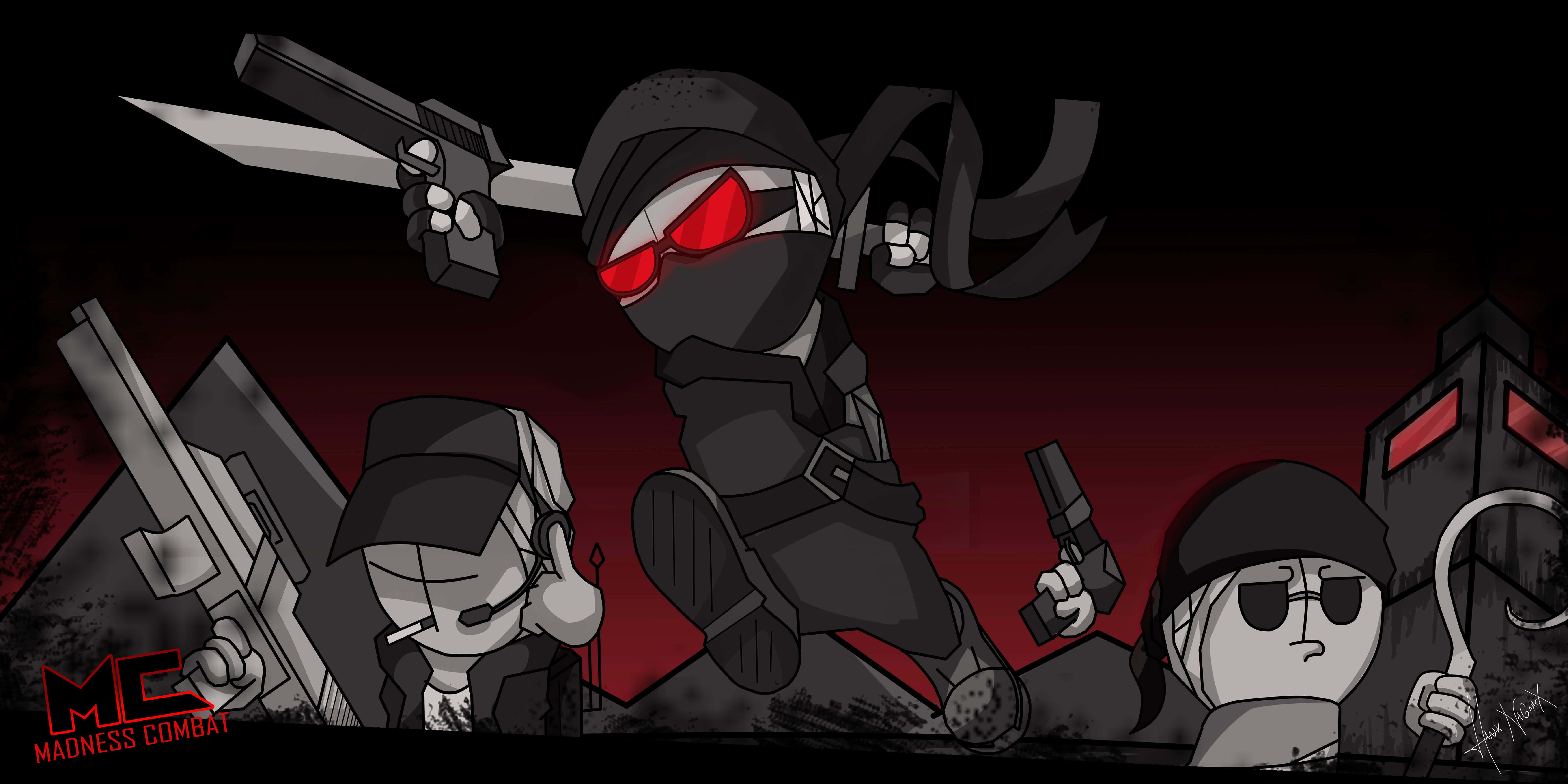 Madness Combat, chibi-style ninja, red glowing eyes, 5K Desktop Wallpaper