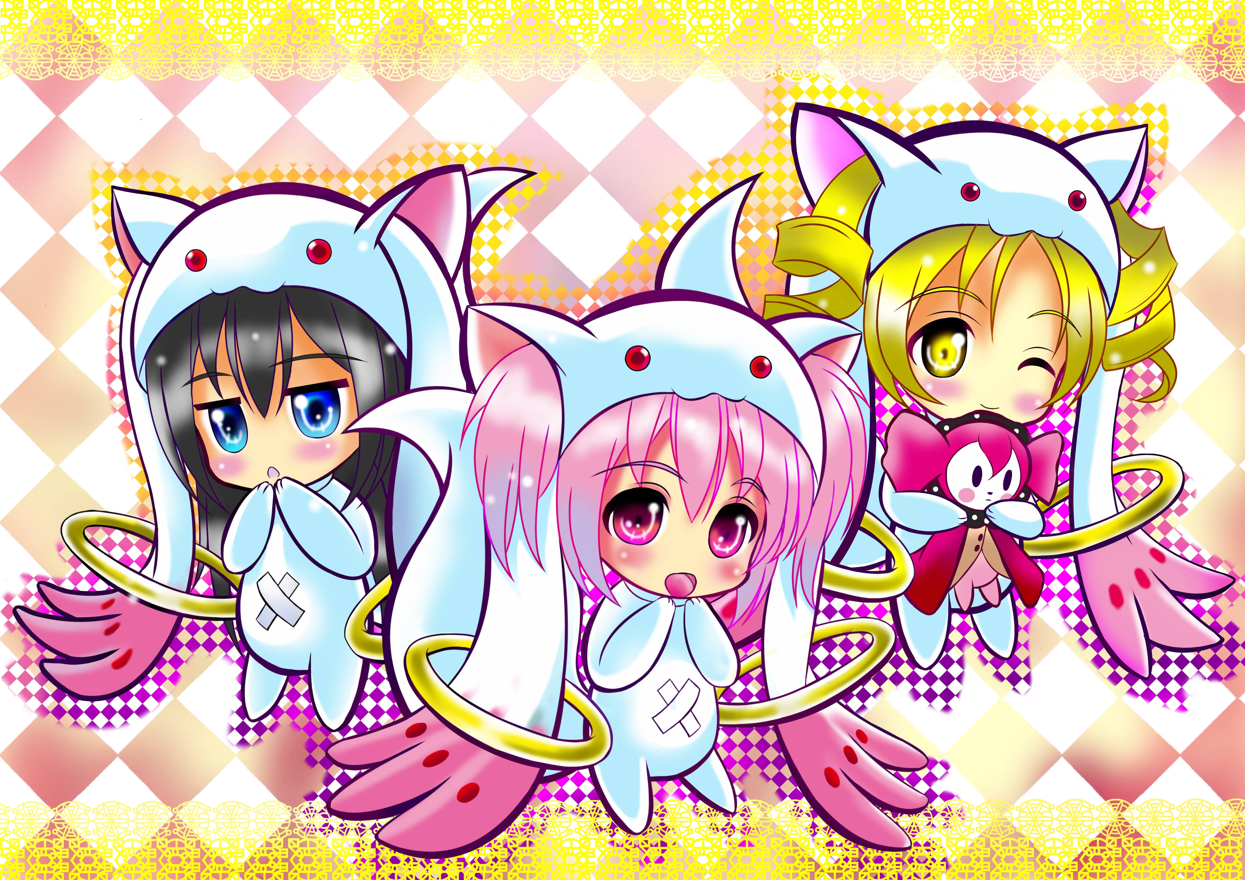 Madoka Magica, chibi anime girls, cat-themed outfits, 4K Desktop Wallpaper