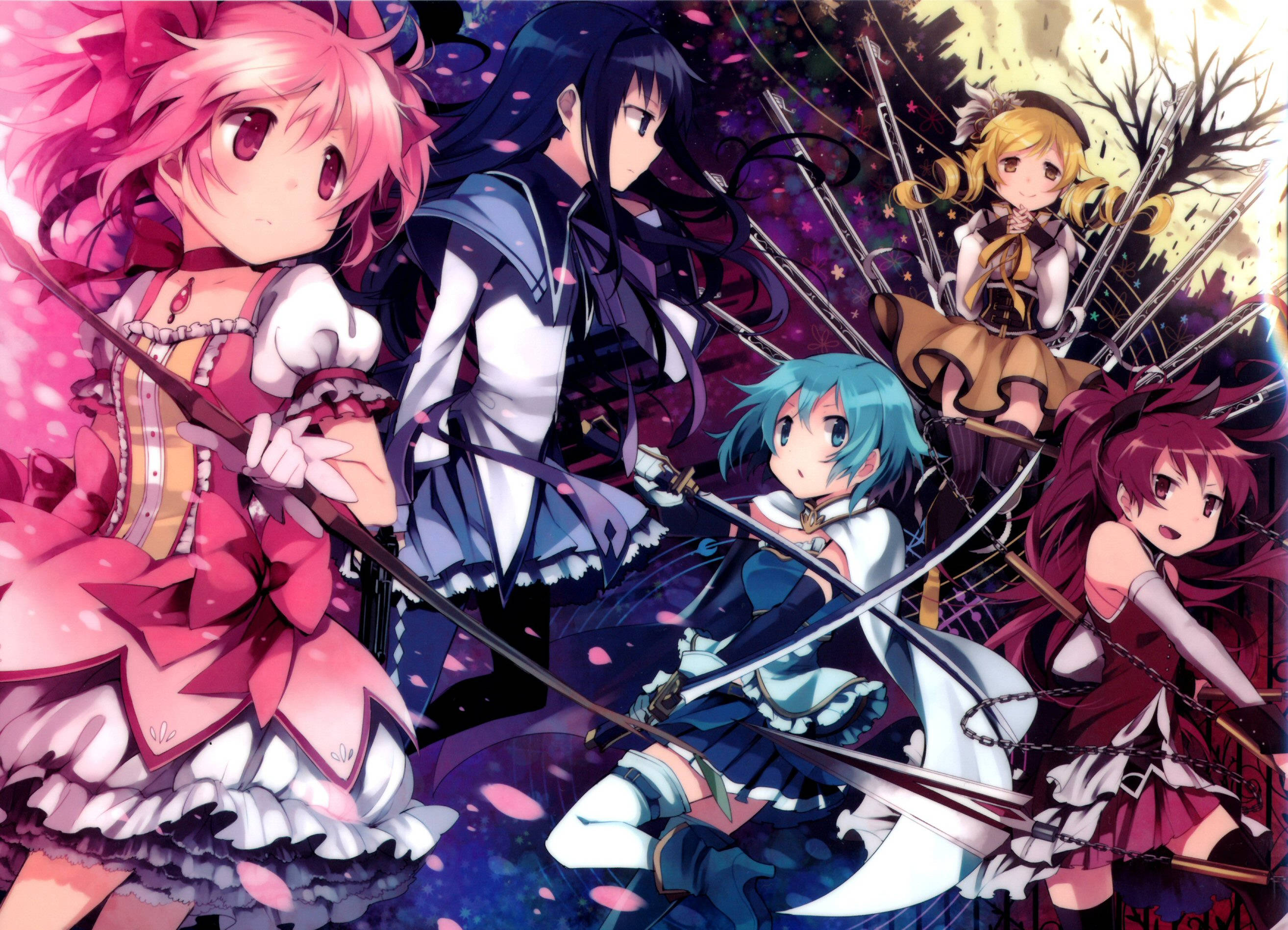 Madoka Magica, anime girls, vibrant hair, 2K Desktop Wallpaper