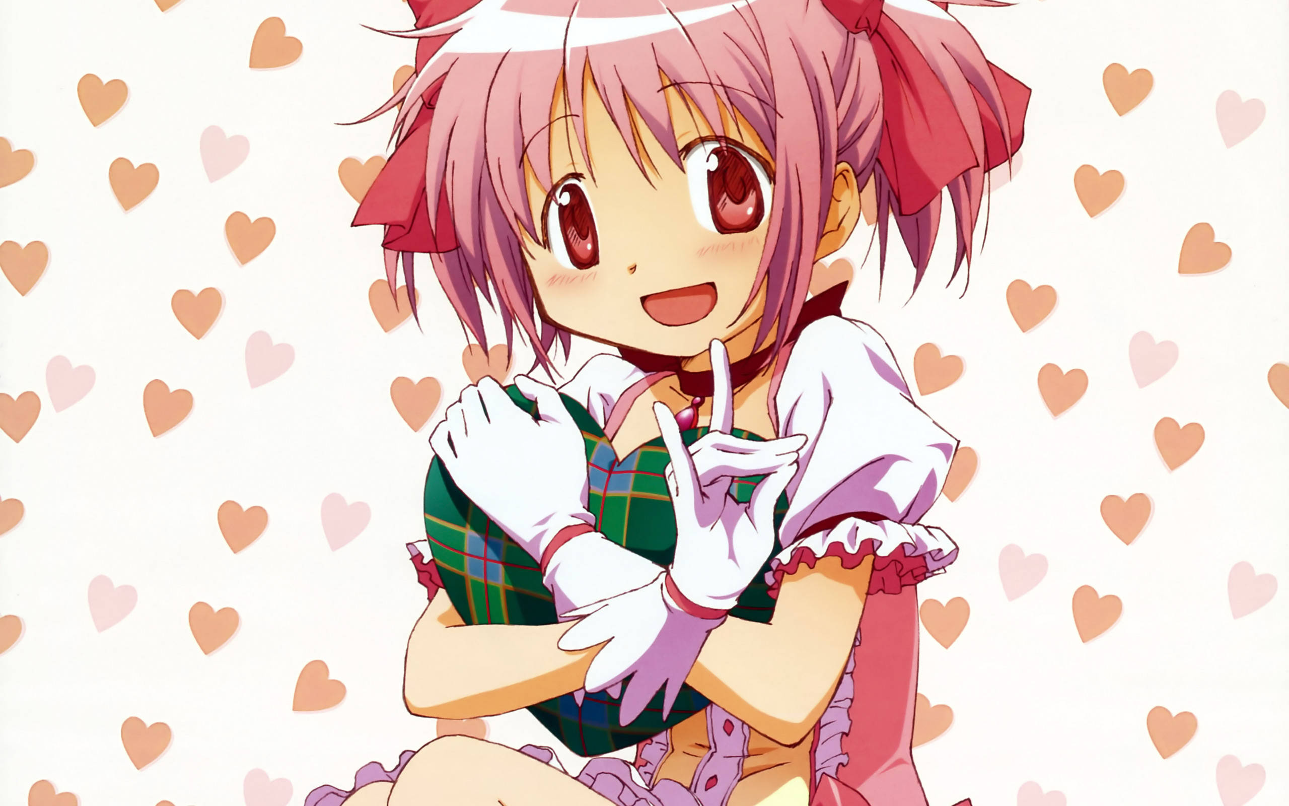 Madoka Magica, pink hair, red eyes, 2K Desktop Wallpaper