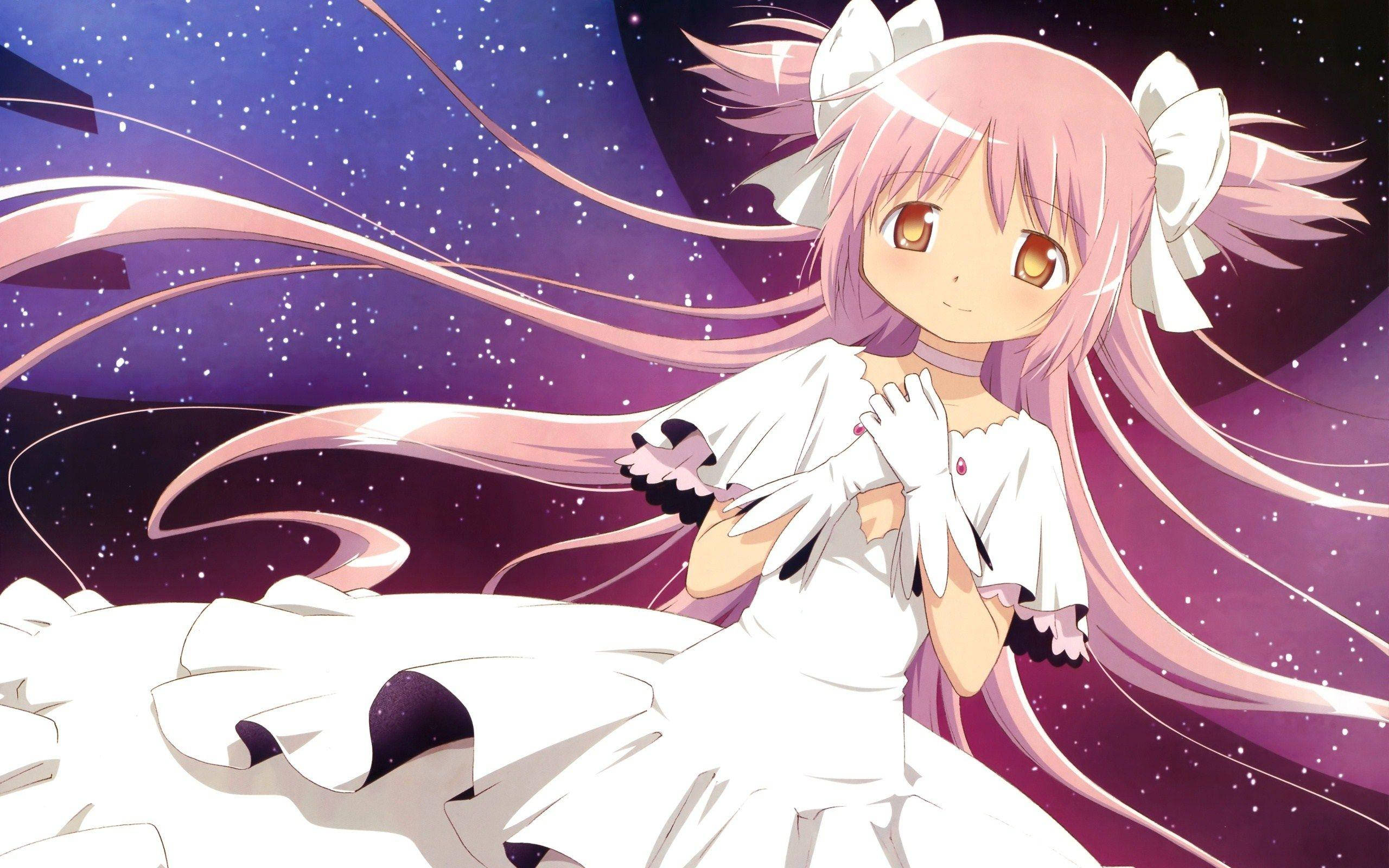Madoka Magica, pink-haired anime girl, white dress, 2K Desktop Wallpaper