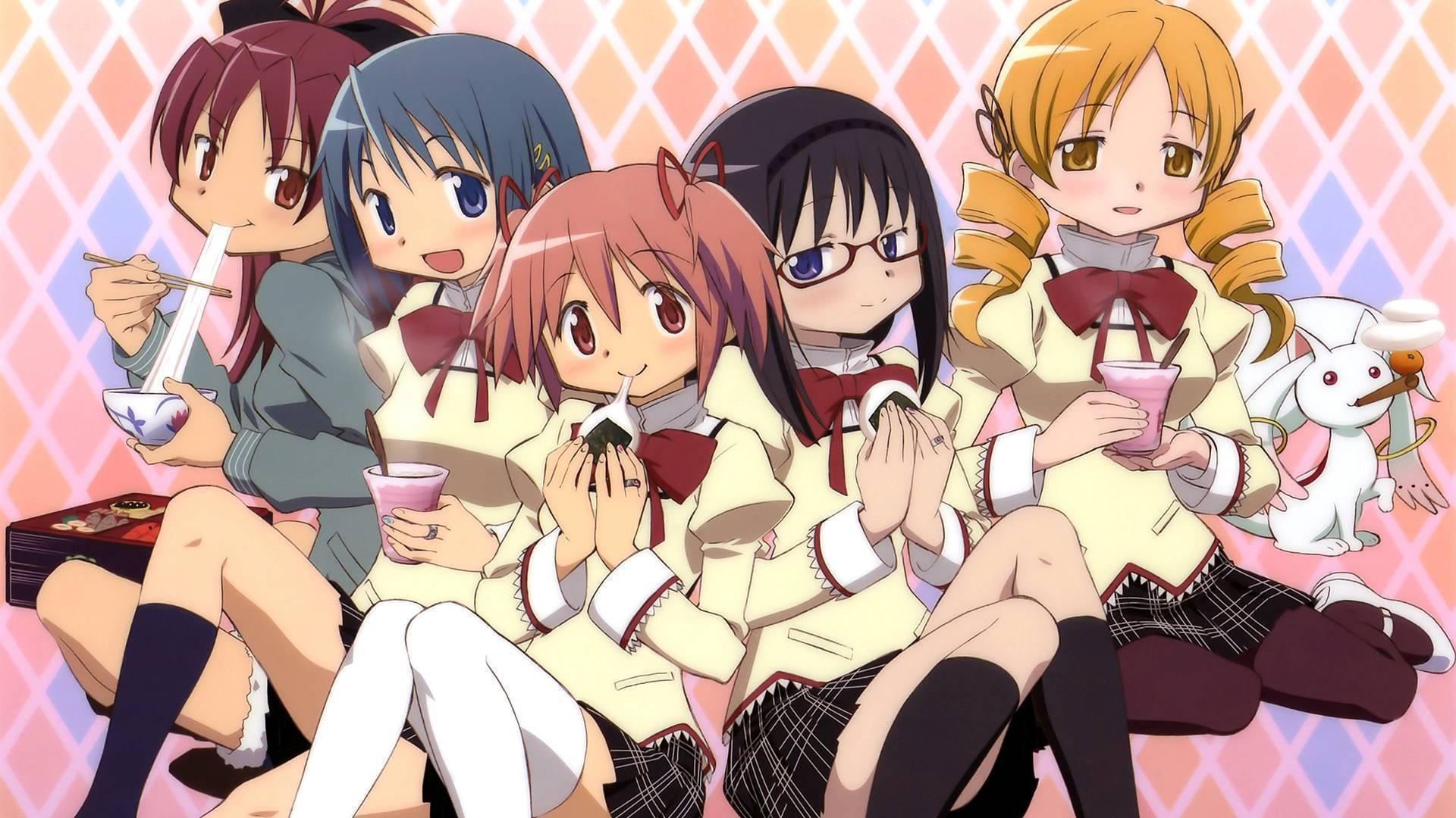 Madoka Magica, characters, school uniforms, Full HD Desktop Wallpaper
