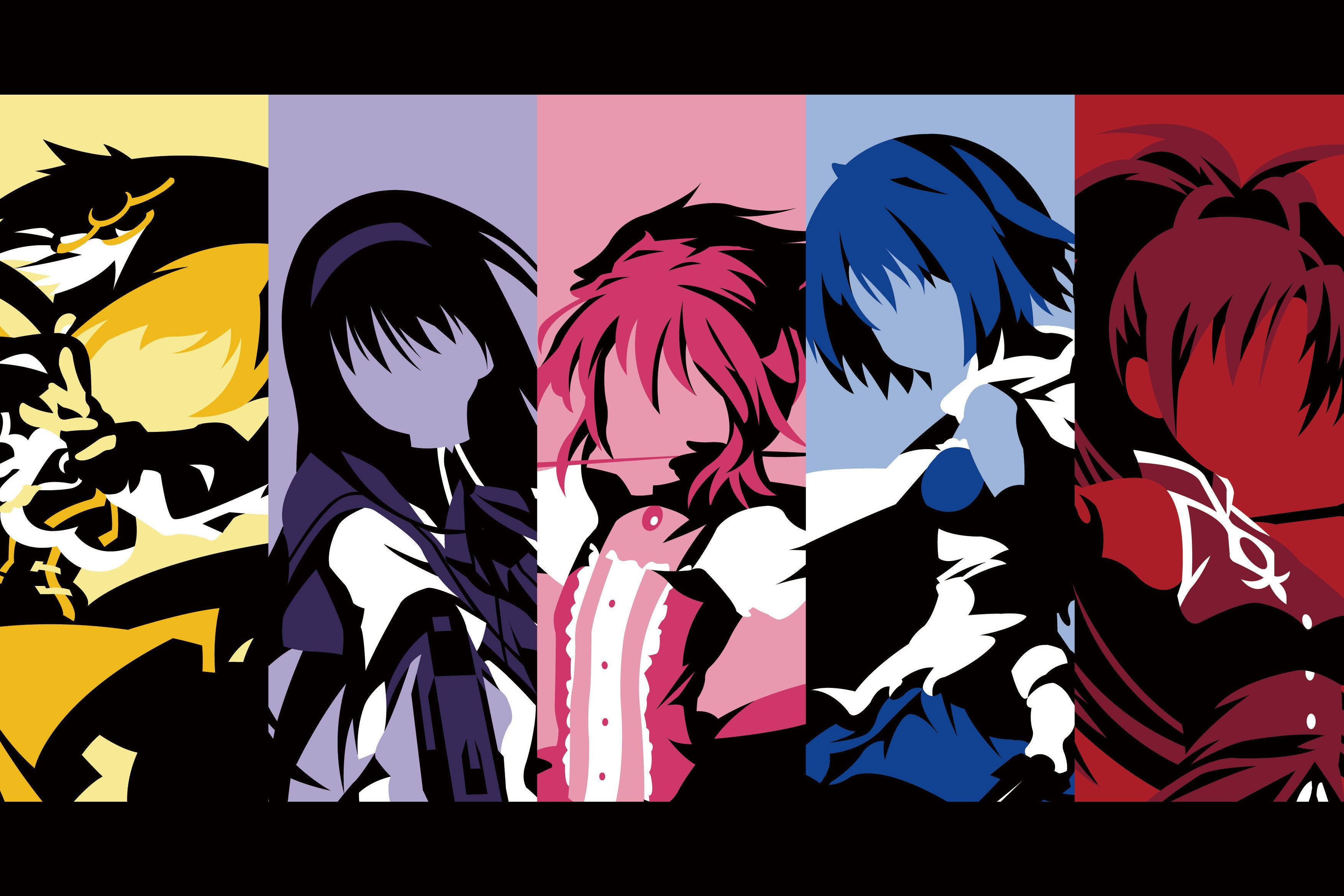 Madoka Magica, anime characters, bold stylized silhouettes, 2K Desktop Wallpaper