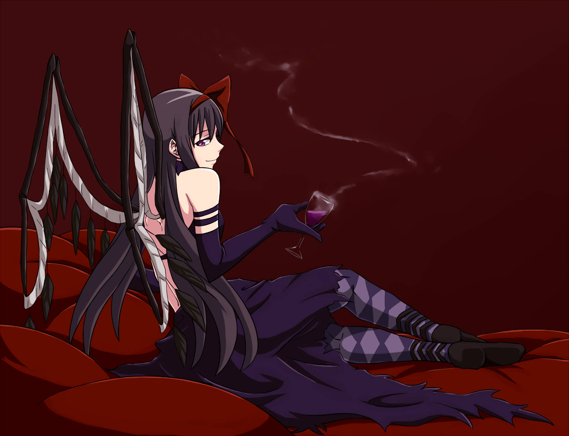 Madoka Magica, black and white wings, dark-haired anime girl, Full HD Desktop Wallpaper