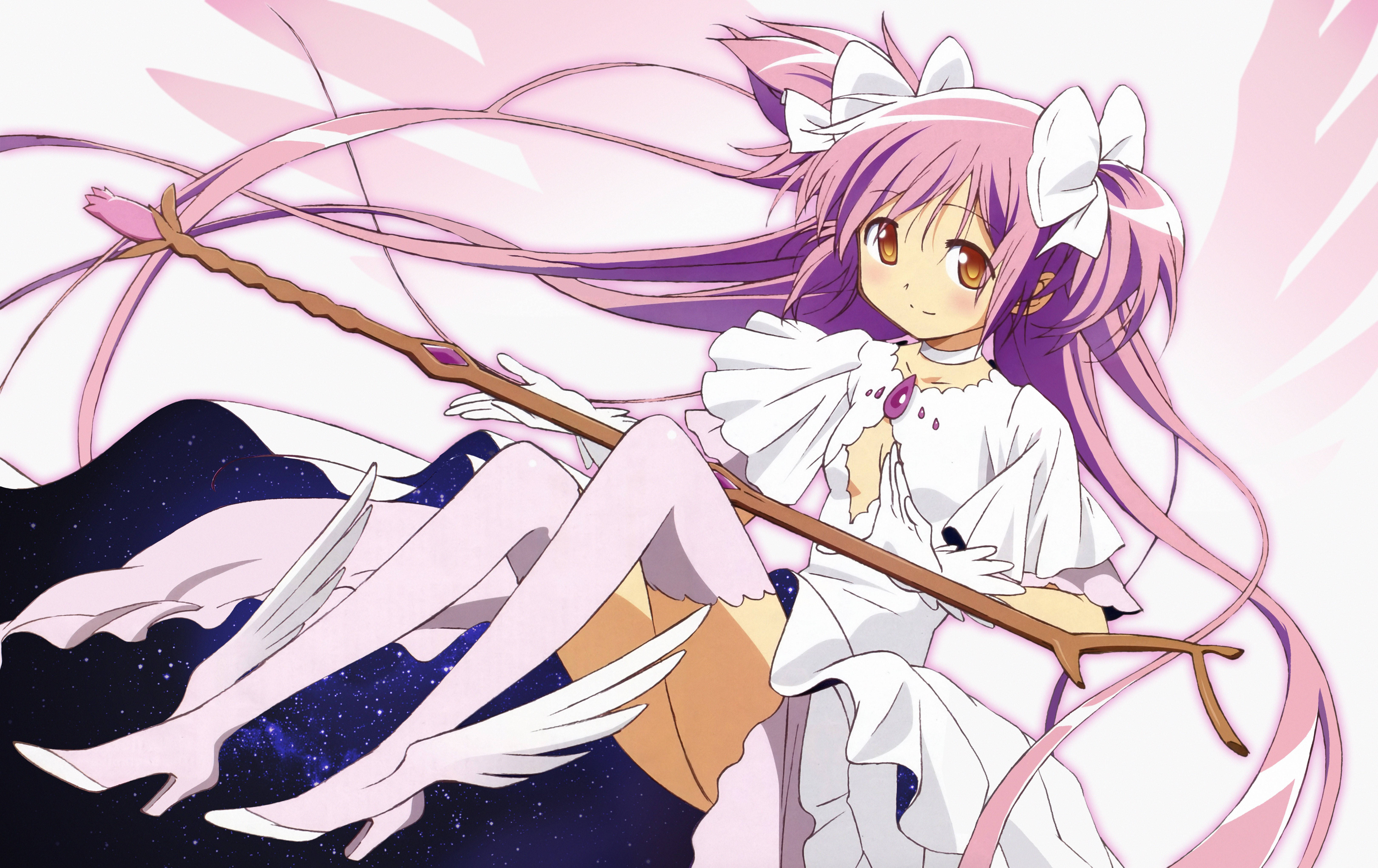 Madoka Magica, pink-haired anime girl, white wings, 5K Desktop Wallpaper