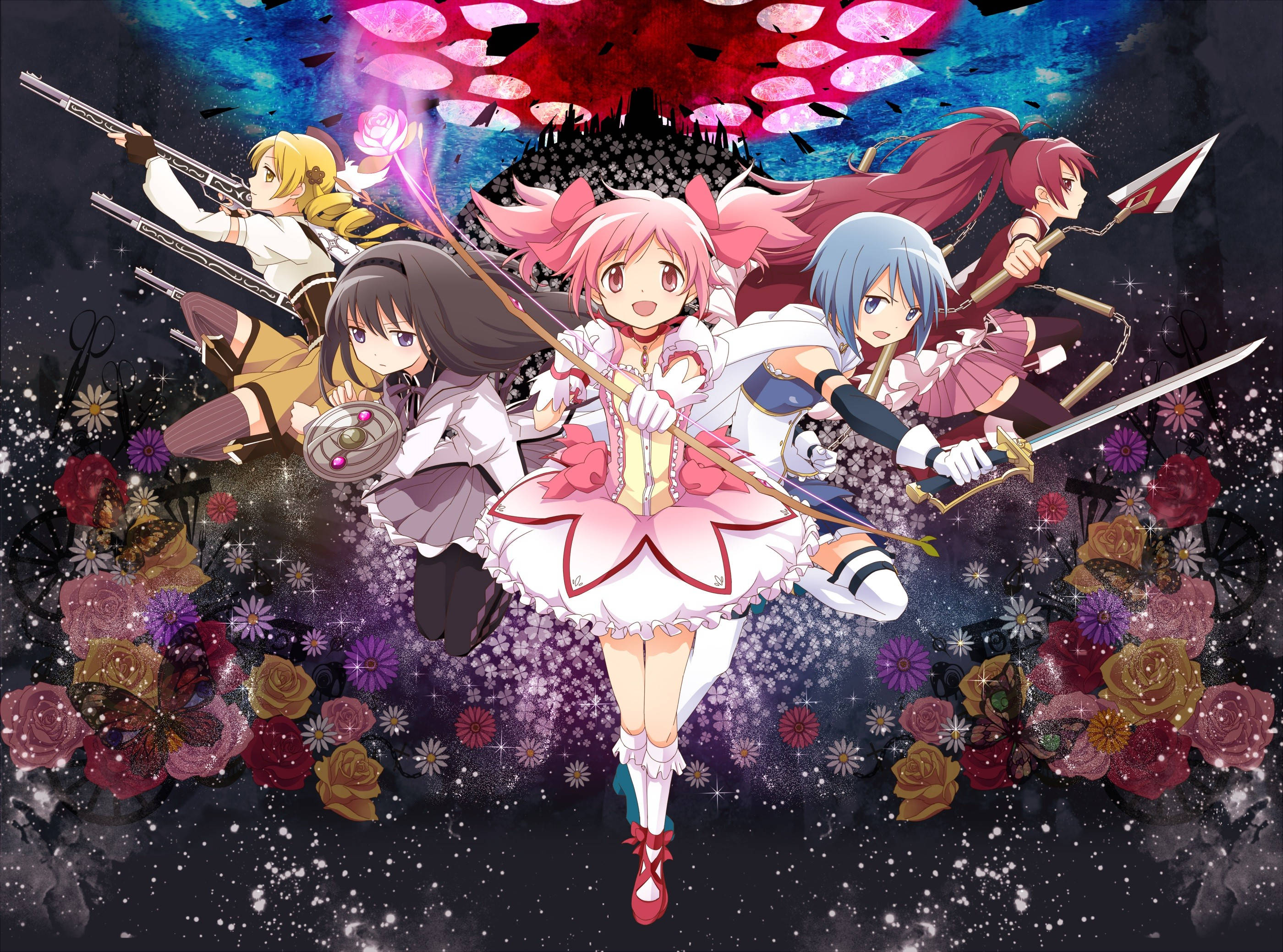 Madoka Magica, battle poses, floating flowers, 2K Desktop Wallpaper