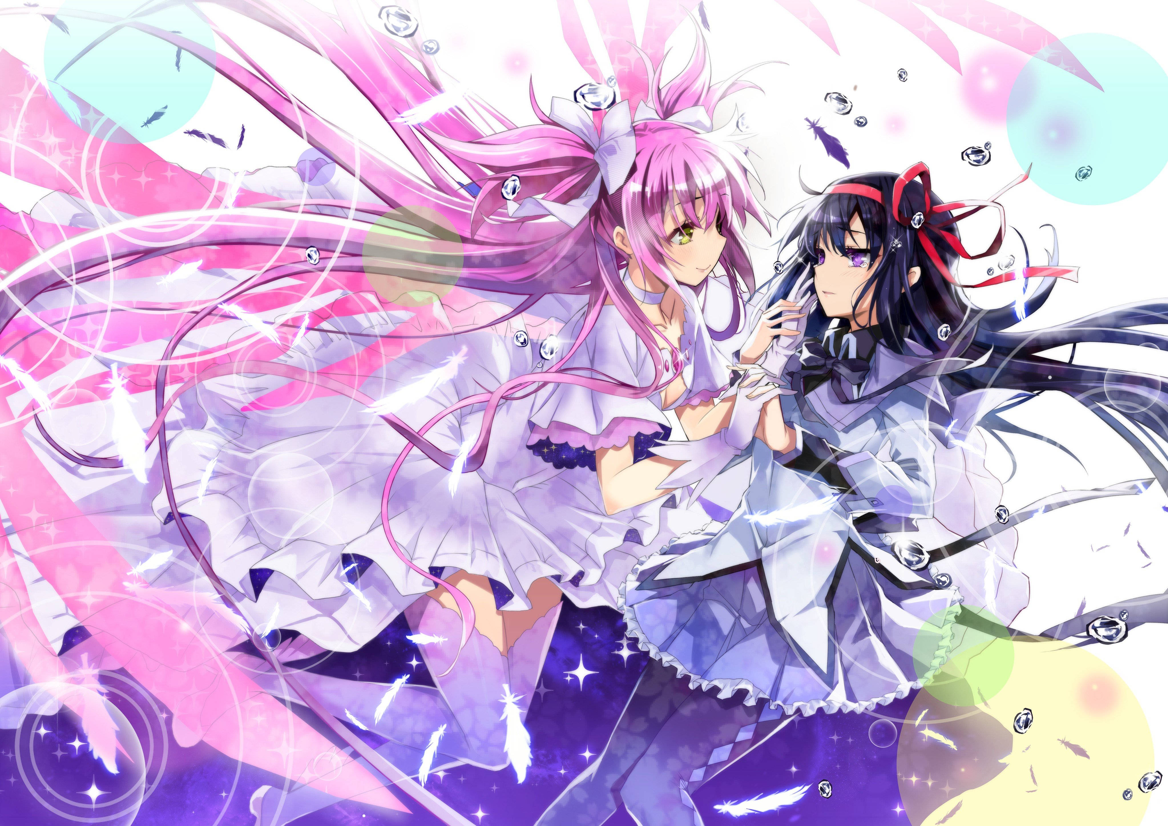 Madoka Magica, pink hair, black hair, 4K Desktop Wallpaper