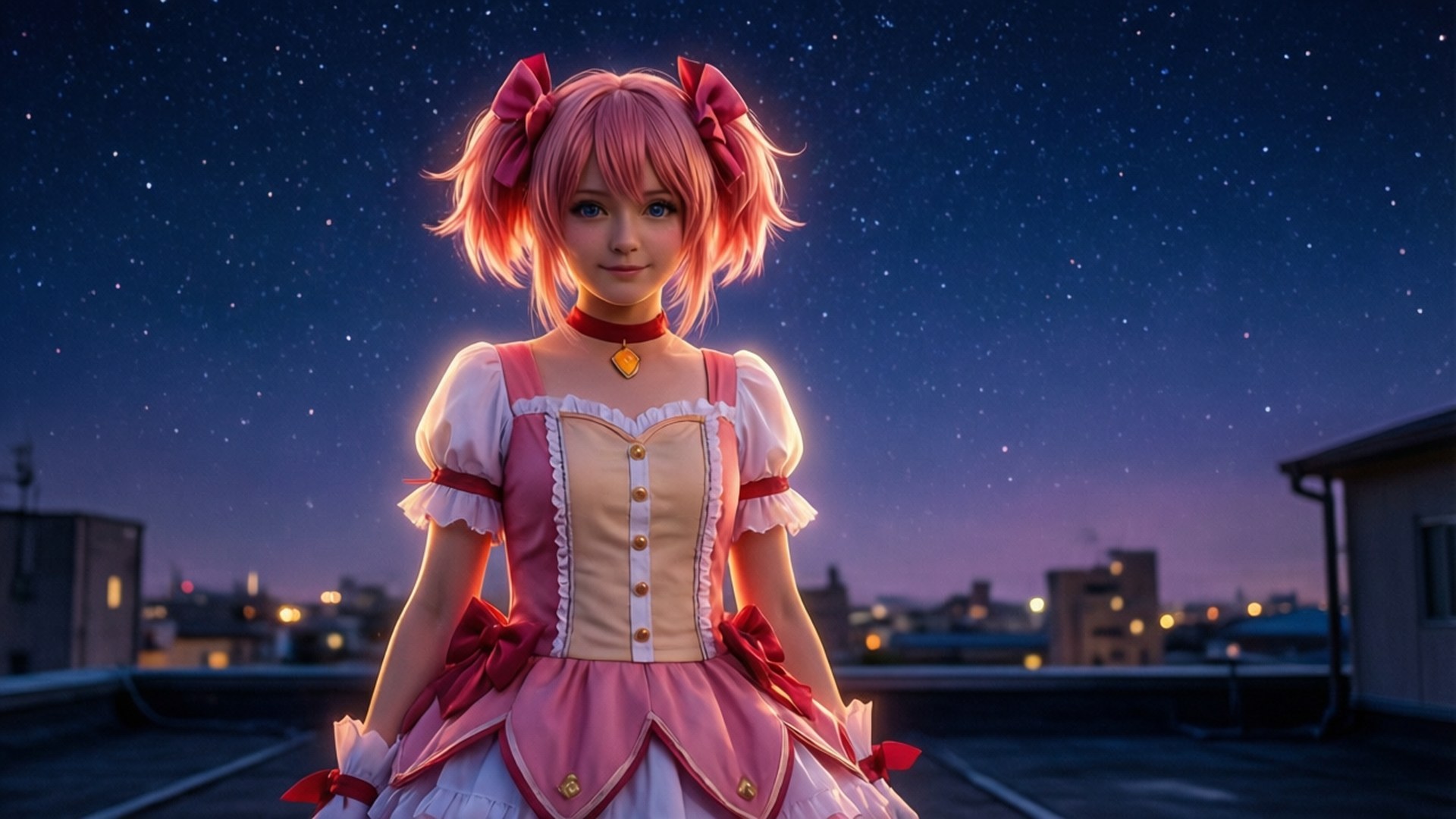 Starry Night Madoka, pink-haired anime girl, pink and white dress, Full HD Desktop Wallpaper