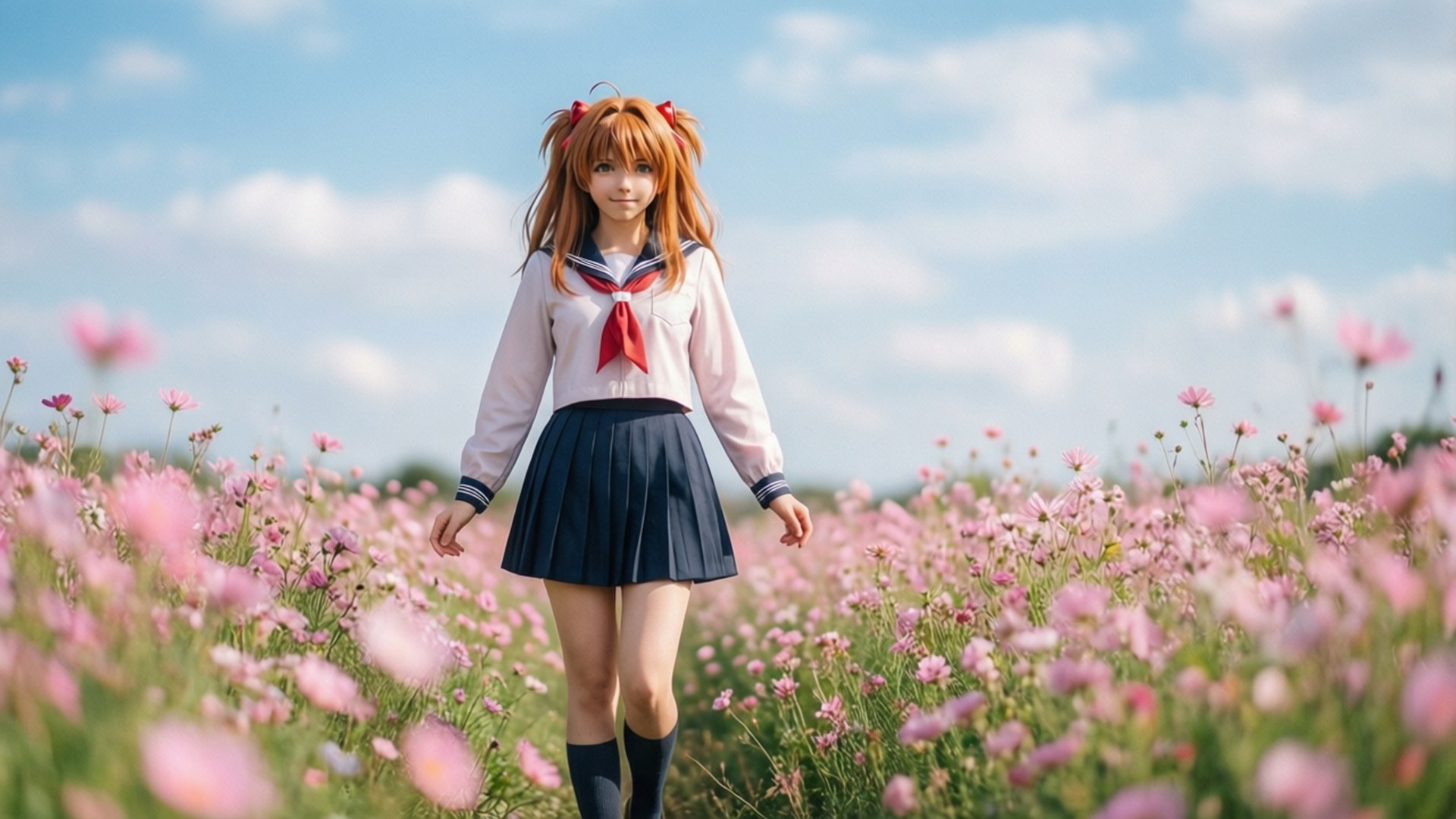 Madoka, sailor uniform, pink cosmos flowers, Full HD Desktop Wallpaper