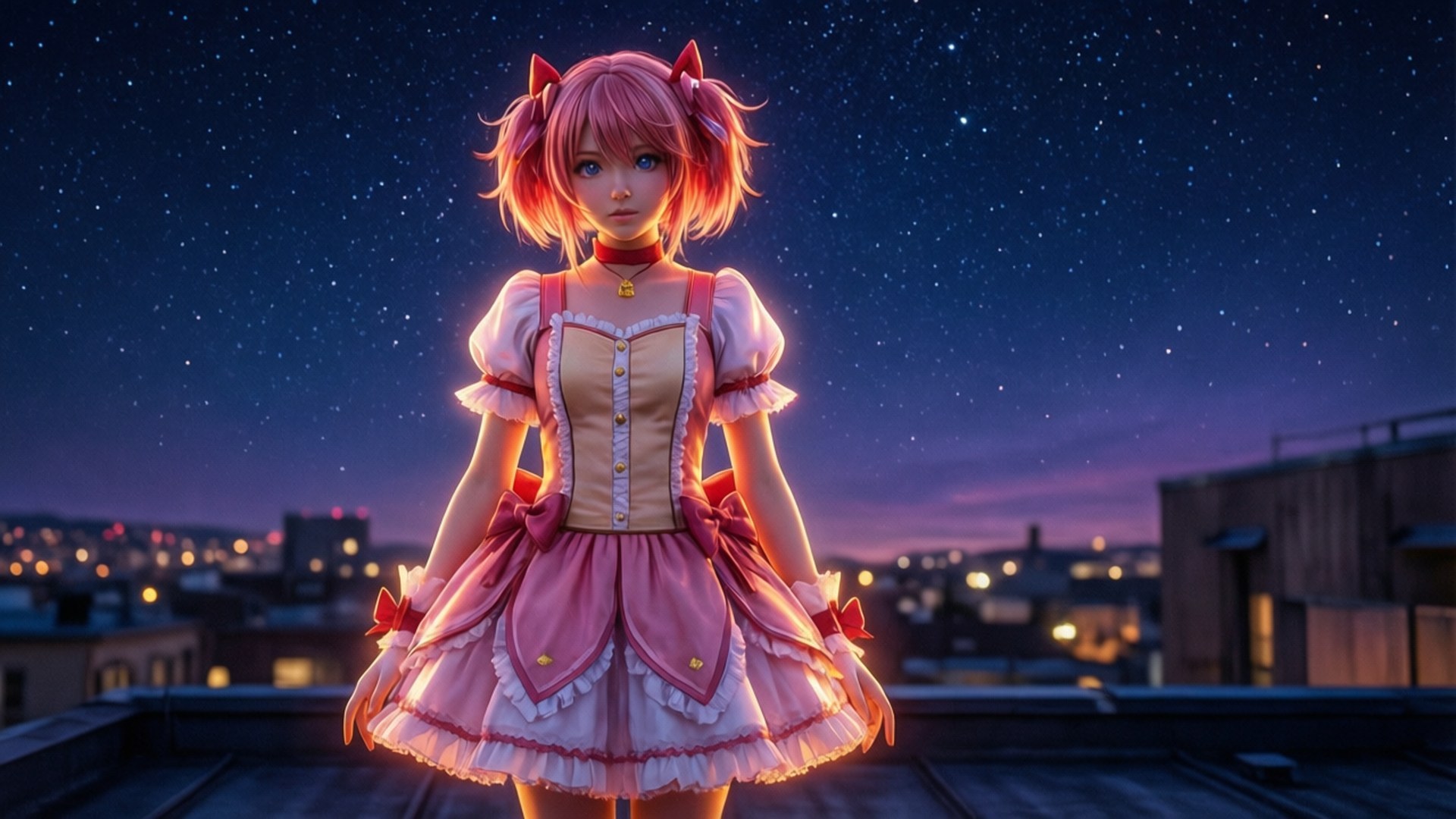Starry Night Madoka, pink-haired anime girl, frilly dress, Full HD Desktop Wallpaper