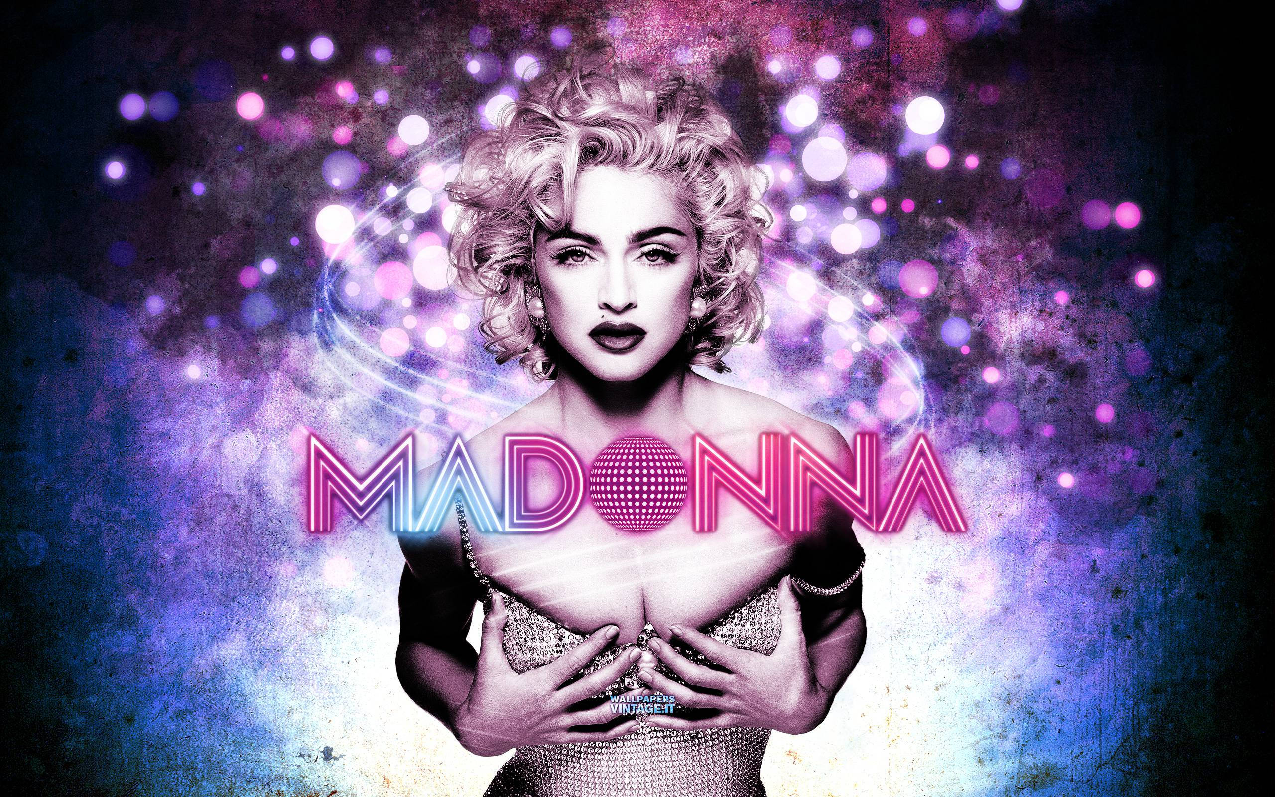Madonna, sparkling outfit, vibrant purple and blue bokeh background, 2K Desktop Wallpaper