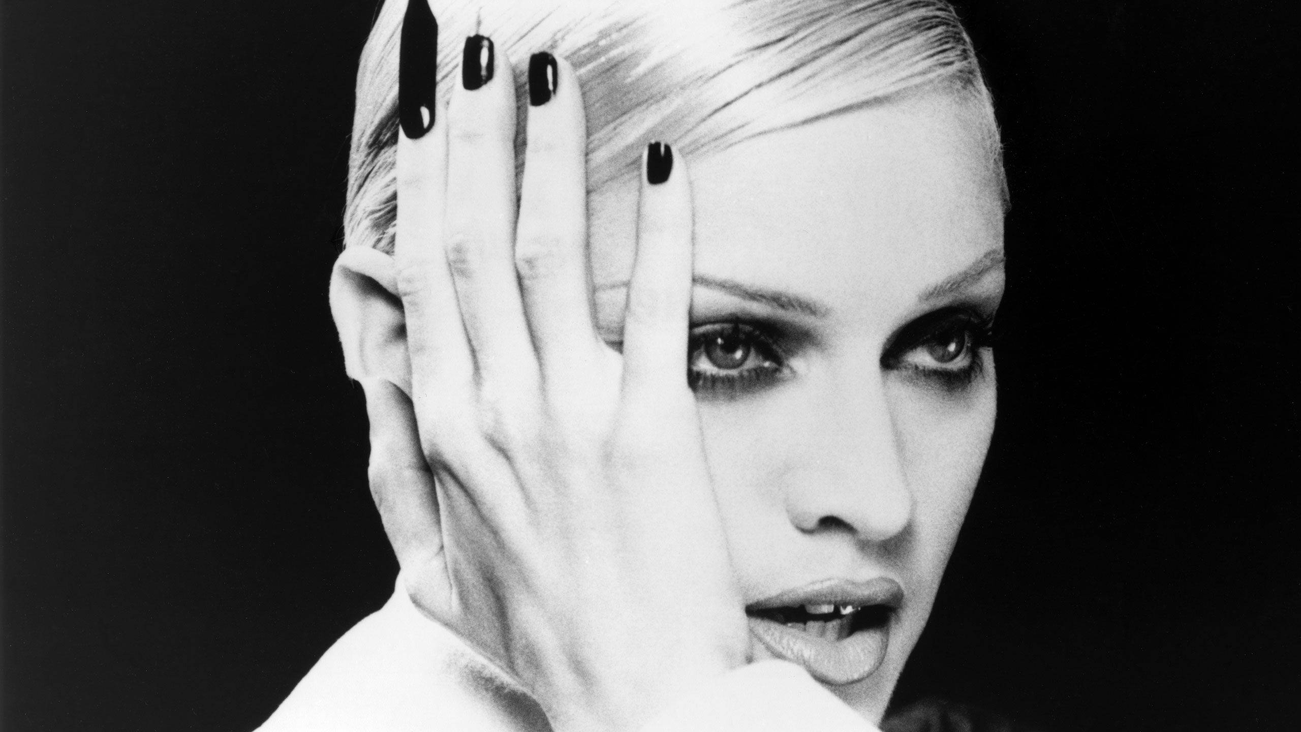 Madonna, sleek retro hair, black and white portrait, 2K Desktop Wallpaper